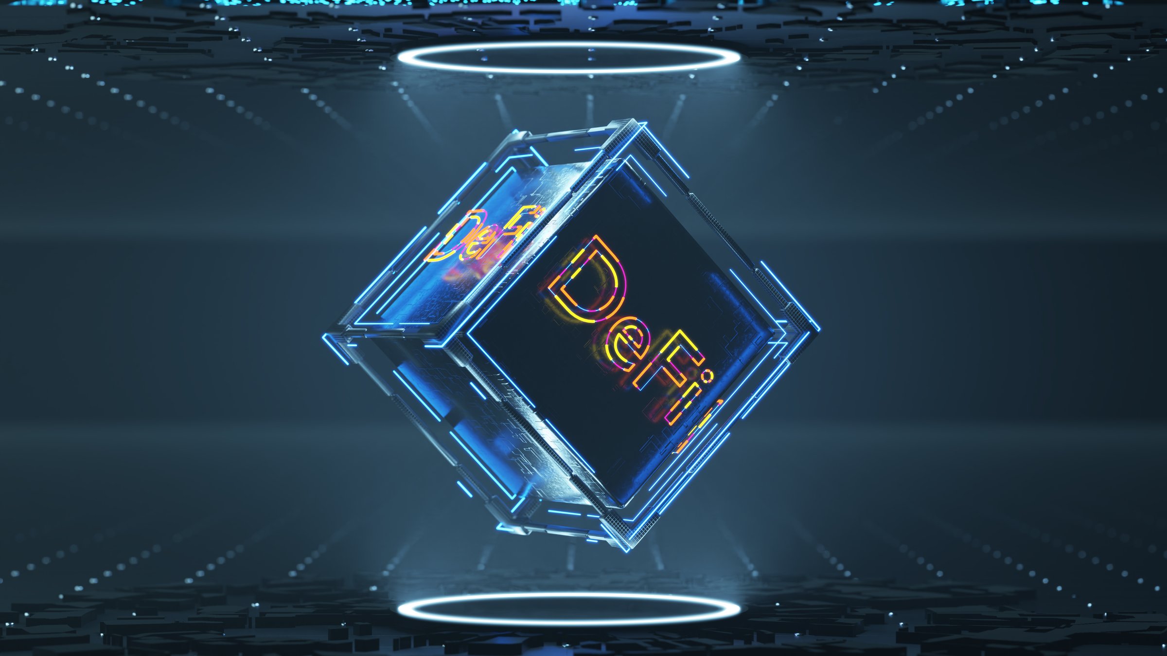 DeFi decentralized finance on a dark blue abstract cube. Blockchain concept, decentralized financial system. 3d rendering.