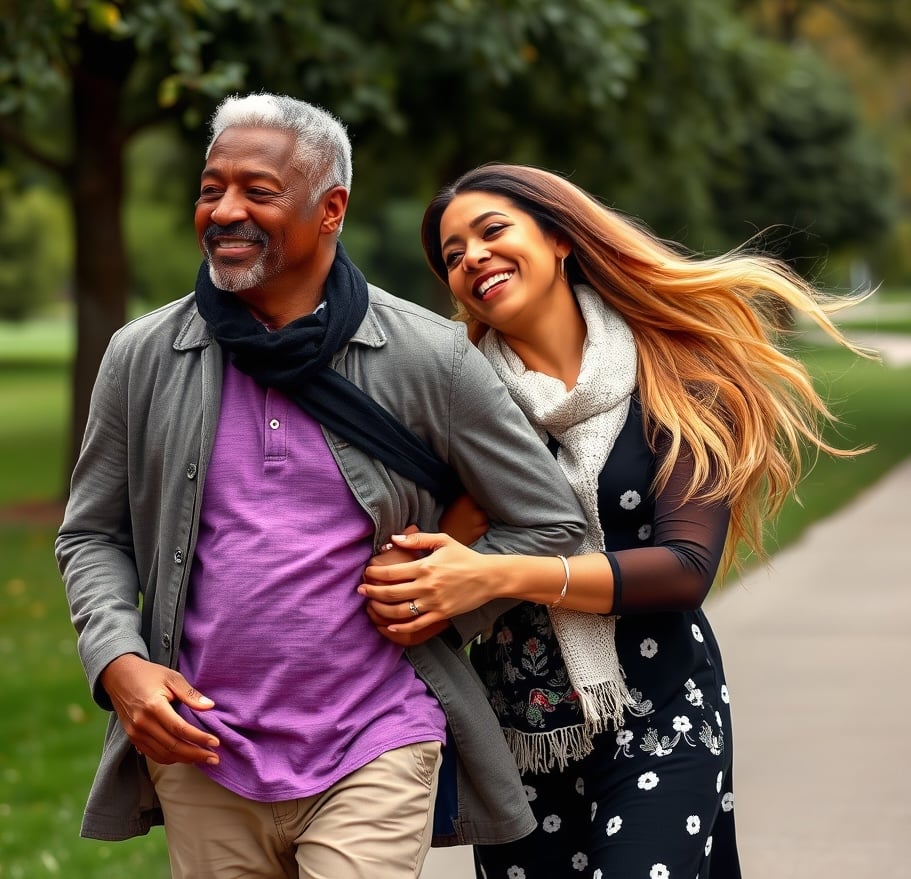A smiling couple walking in a park, wearing light scarves and casual clothing, surrounded by trees on a sunny day.