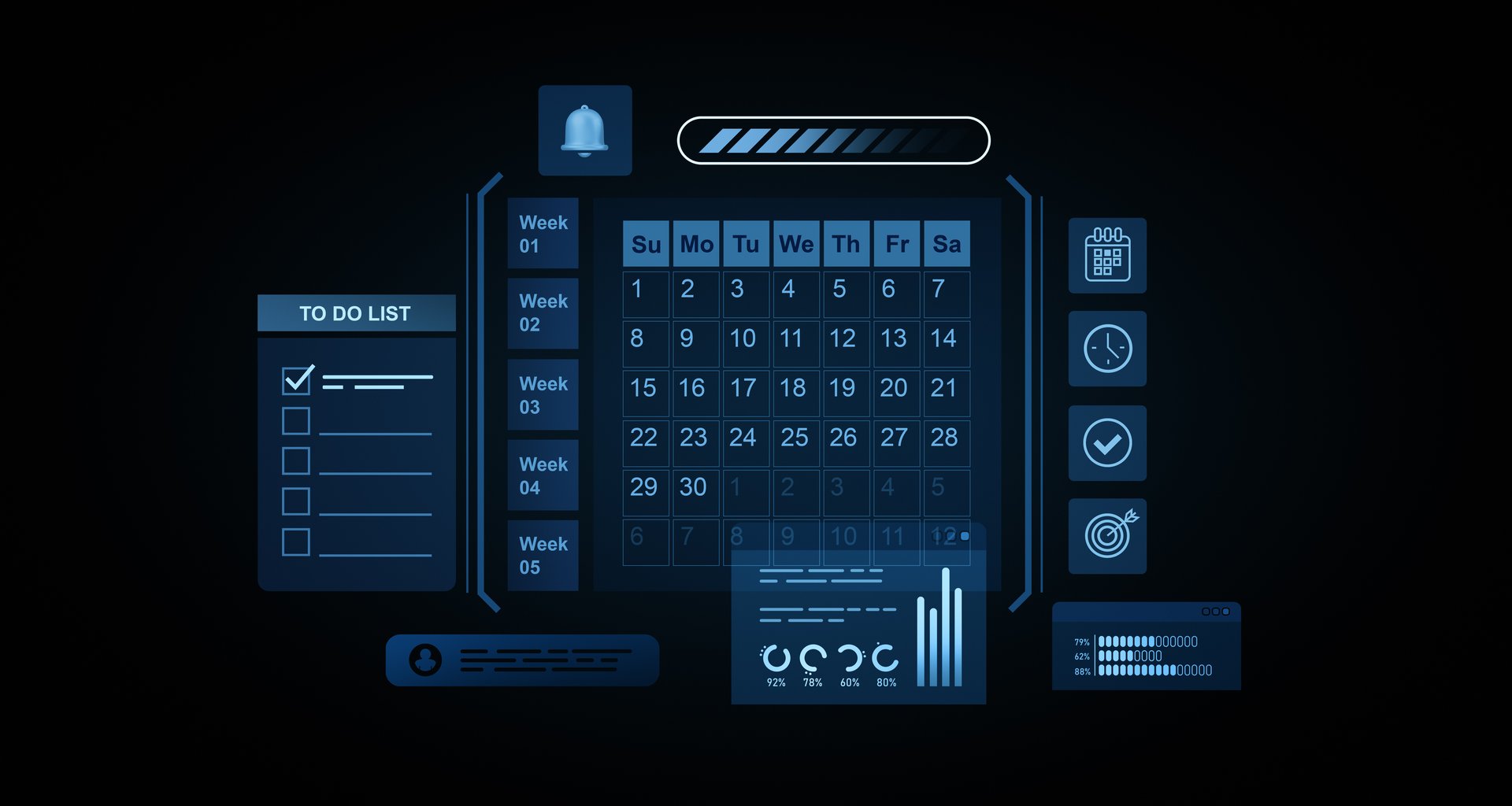 High-tech digital calendar interface with task management, analytics, and scheduling icons, glowing in blue on a dark background. Concept of productivity. 3D Rendering