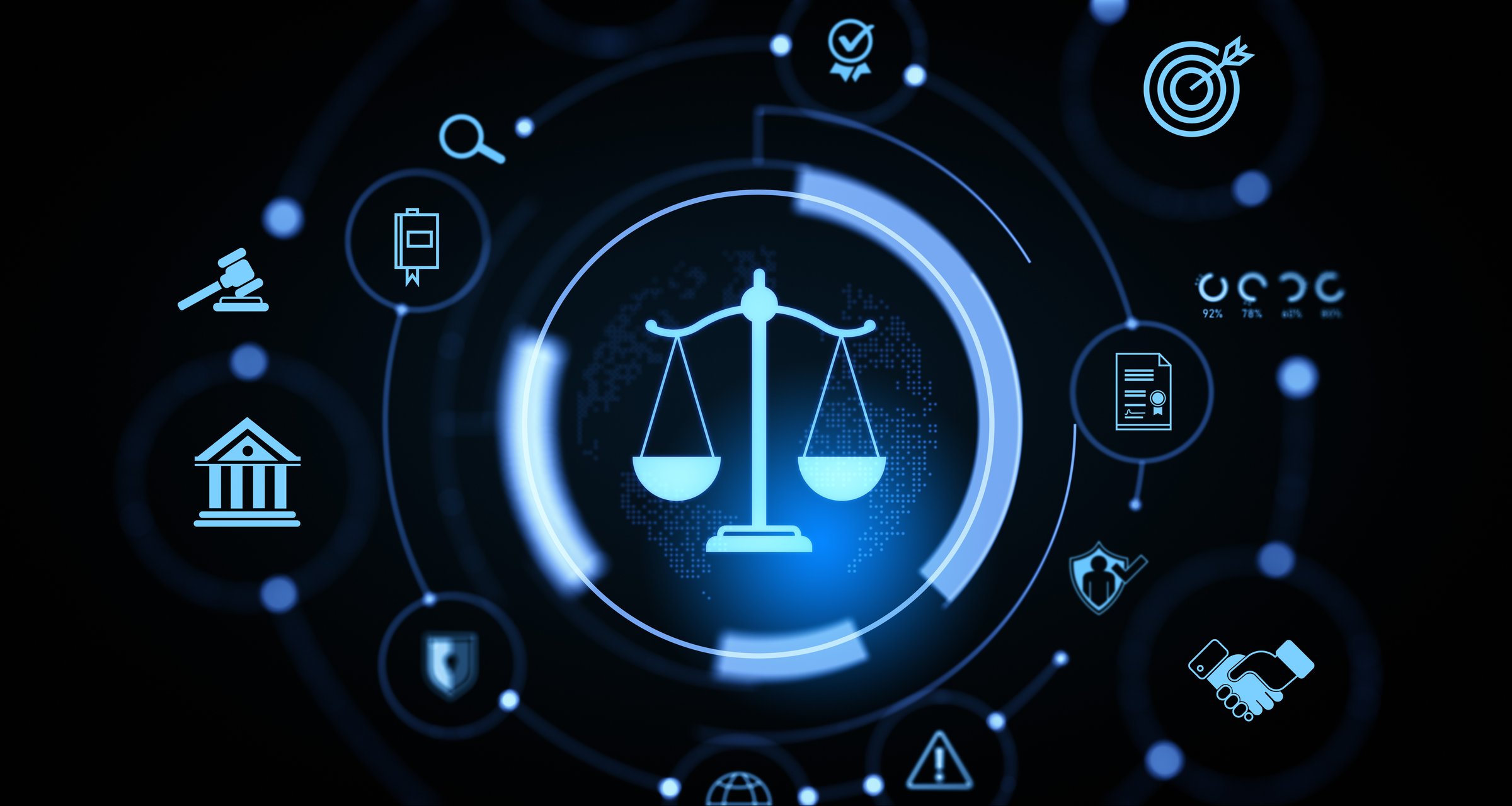 Glowing justice scale hologram with interconnected legal icons in futuristic digital style