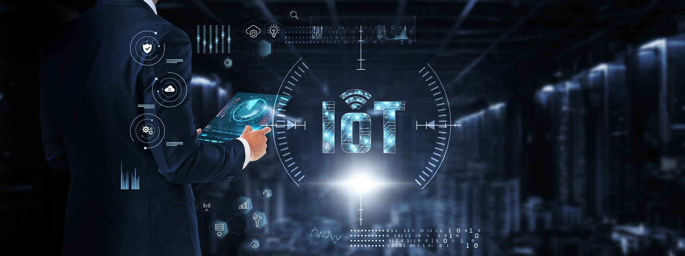 Internet of Things (IoT): Businessman control and monitoring IoT technology system on digital screen. Connectivity, automation, smart devices, data analytics, real-time monitoring, efficiency.