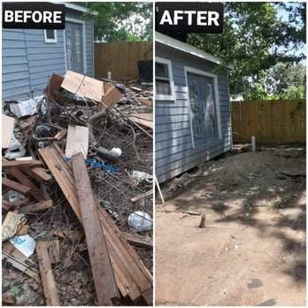 Before and after junk removal showing dramatic space transformation and cleanup