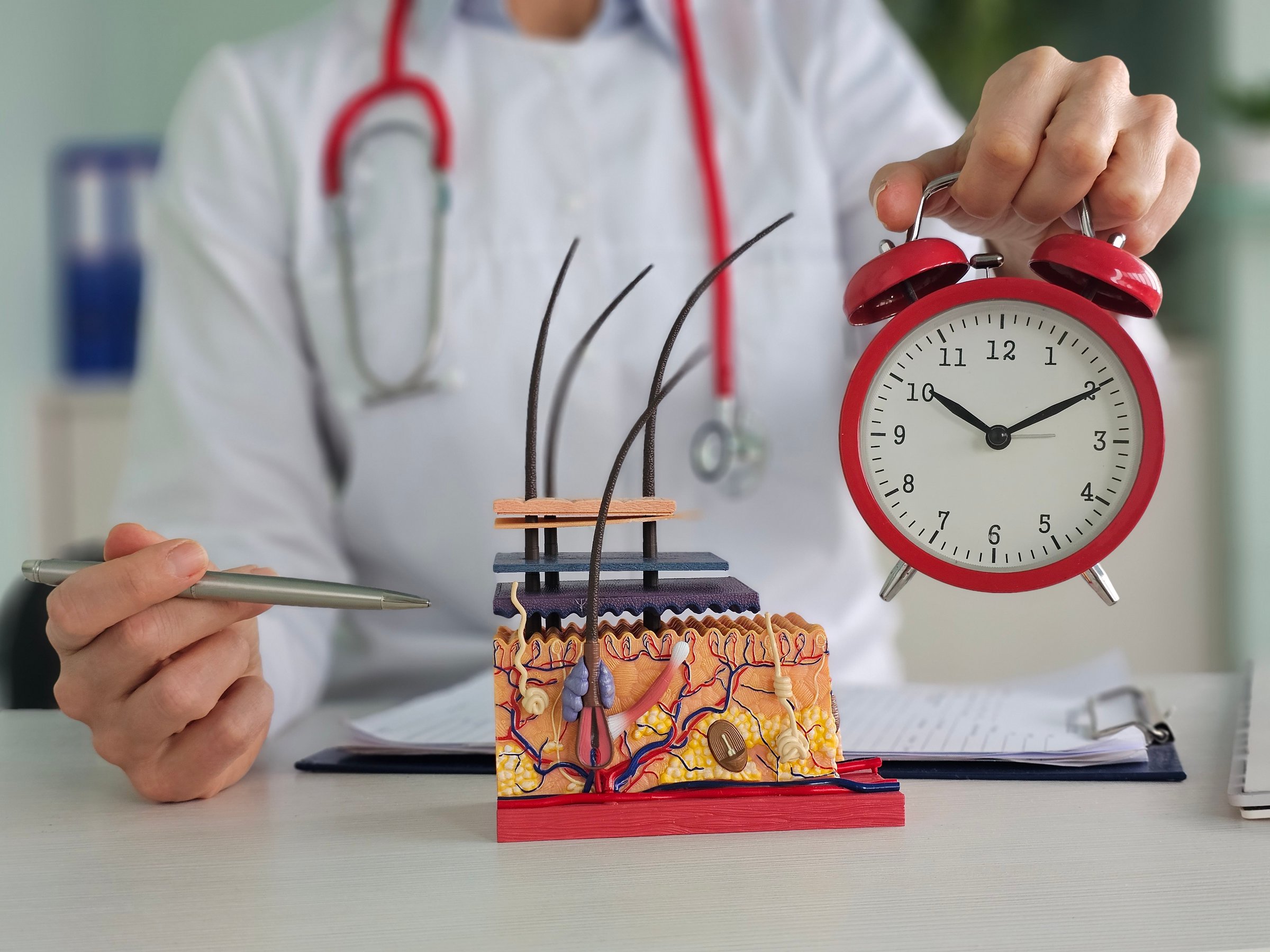 Skin circadian rhythm and doctor holding skin model and alarm clock. Time of skin aging or rejuvenation