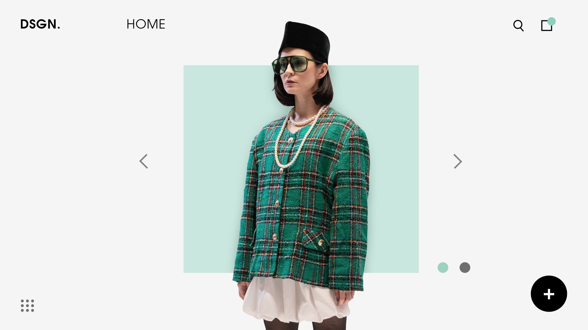 Woman in green plaid jacket, black hat, pearl necklace, clean pastel background, seamless navigation, and modern typography-driven product display. Concept of business style, fashion, trends. Web page