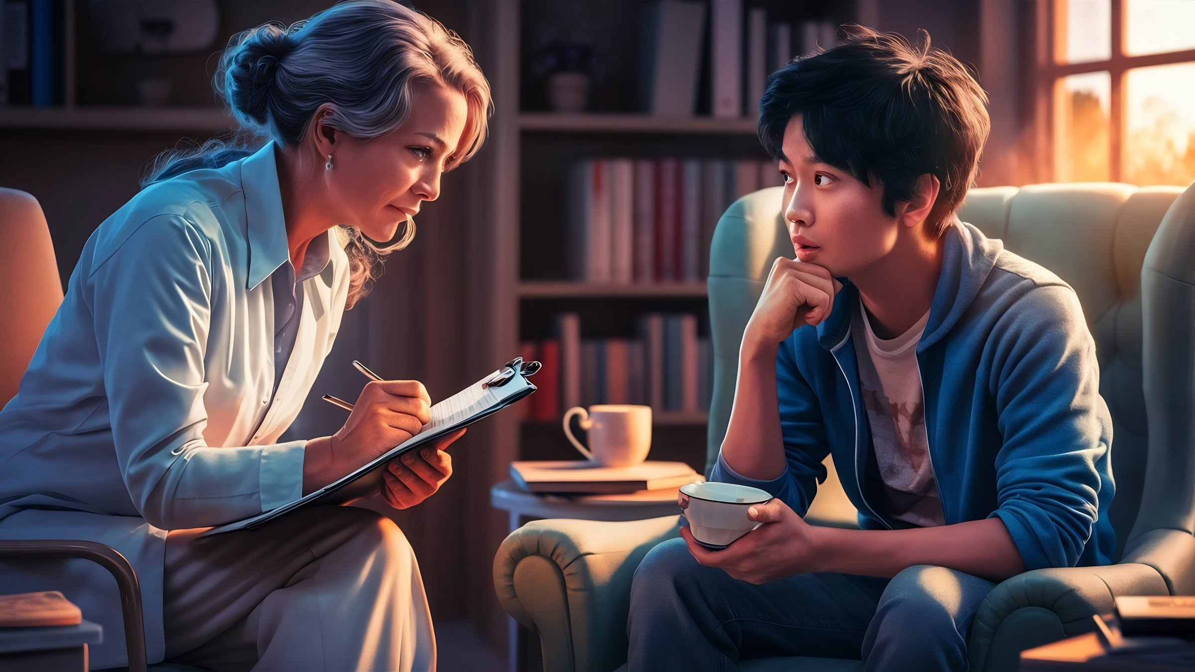 A therapist consults with a young person holding a cup, in a cozy office setting with bookshelves and warm lighting.