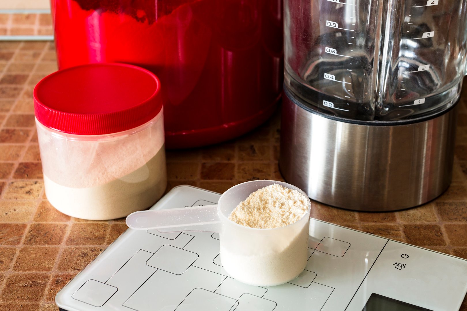 sport nutrition, supplements: protein, pre-workout complex, bcaa, scale in the kitchen