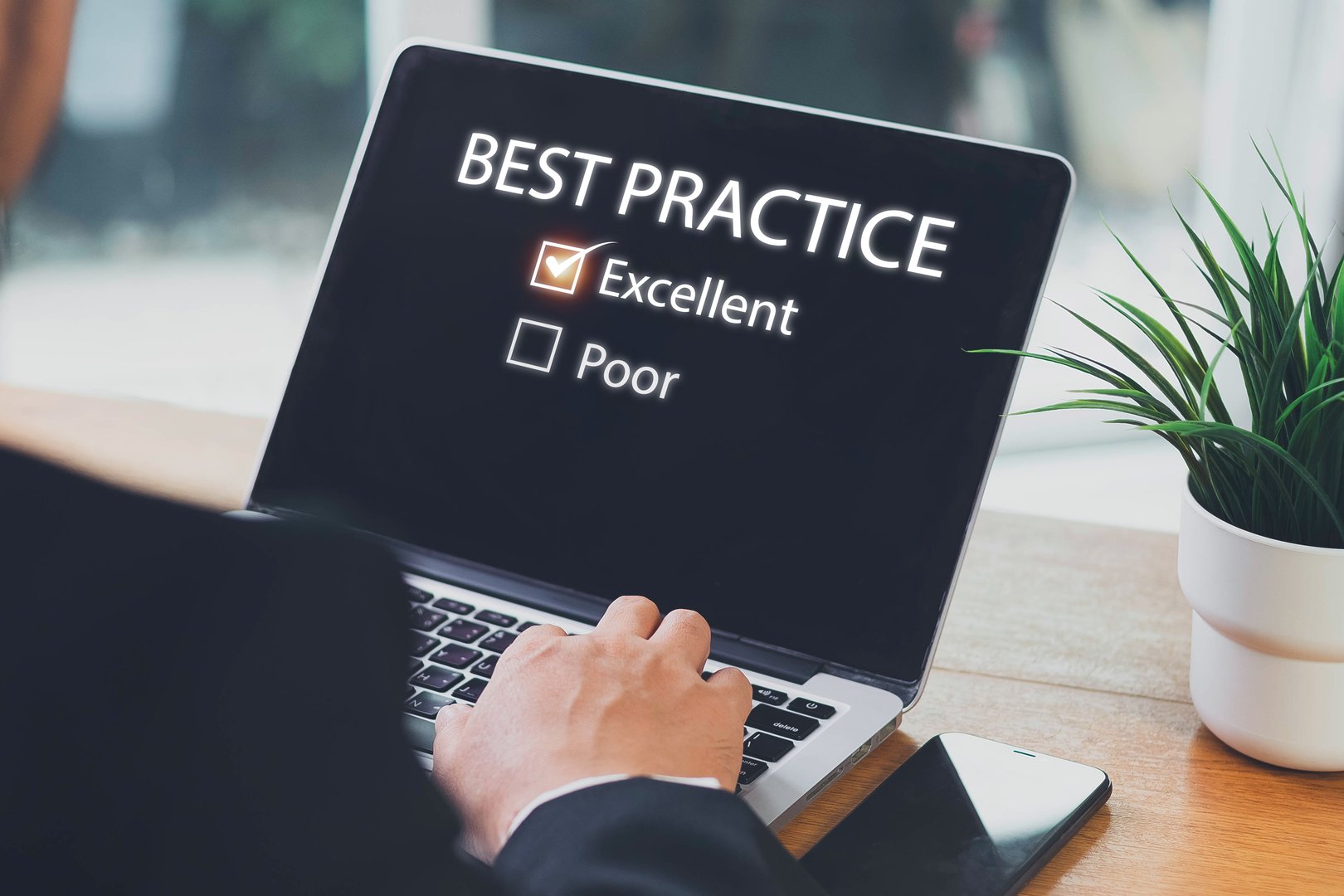 Businessman pressing Best Practice, Business, Technology, Internet and network concept. Best practice.Best practice concept. Manager (businessman, coach, leadership) plan to apply best practice method