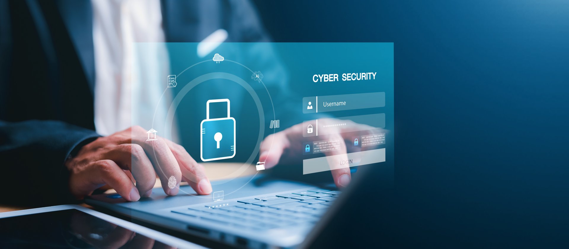 Cybersecurity concept with businessman logging into secure system, showing padlock icon, virtual login interface, and digital data protection. Ideal for secure access themes.