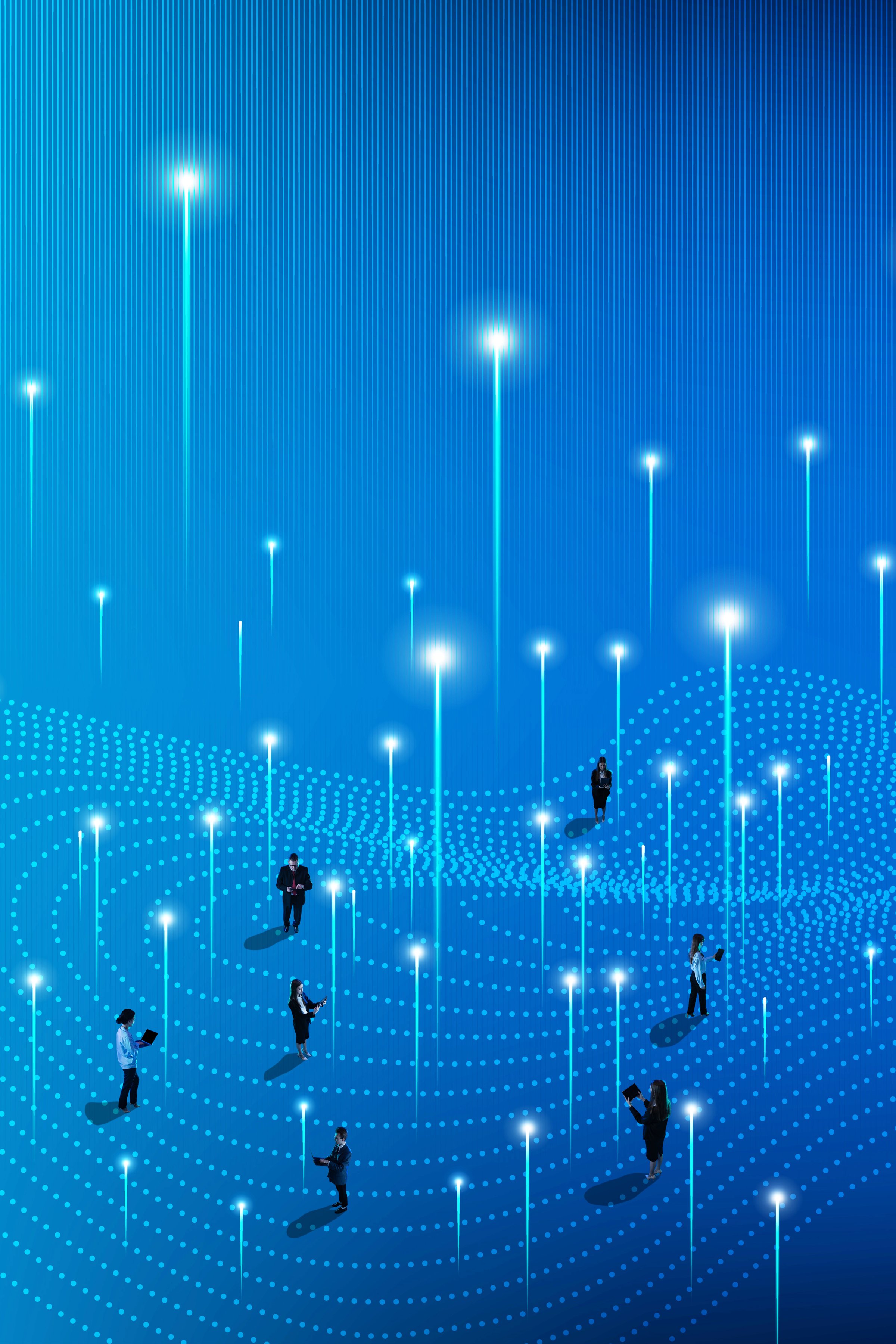 People standing on dotted surface with light beams rising into air. Global business communication through digital innovations and technological interaction. Concept of networking. 6 models collage. Composite image