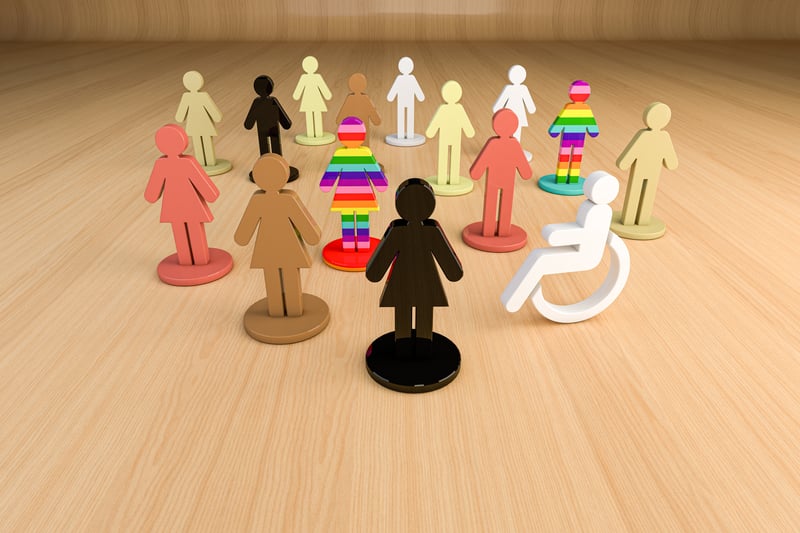 3D illustration of colorful human figures representing diversity and inclusion, with different skin tones and patterns symbolizing equality, respect and unity in a multicultural environment.