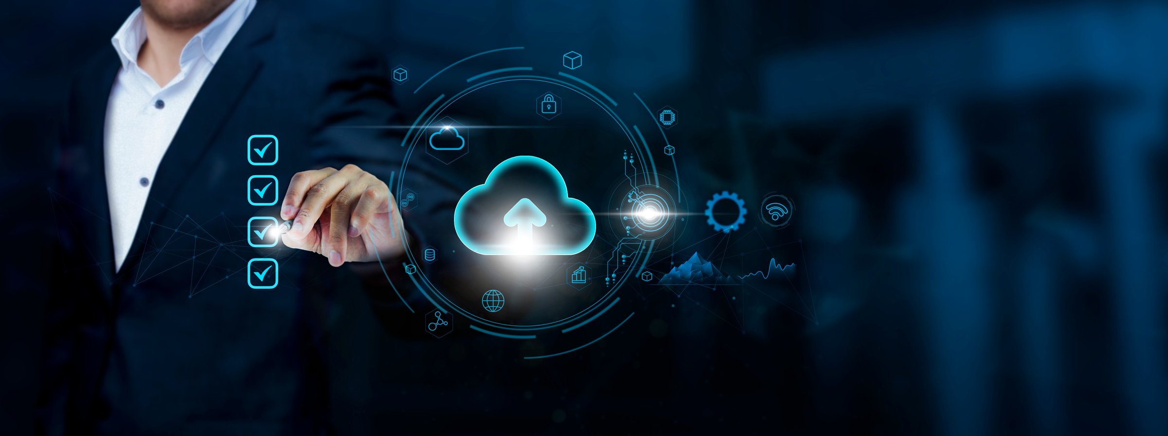 Backup: Businessman checks Backup Technology and checklist approval, ensuring Data Security of Business on virtual interface, Backup and Recovery concept.