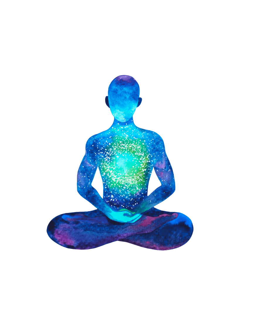 Silhouette of a person meditating, with a blue and green cosmic pattern emanating from the chest, symbolizing inner peace.