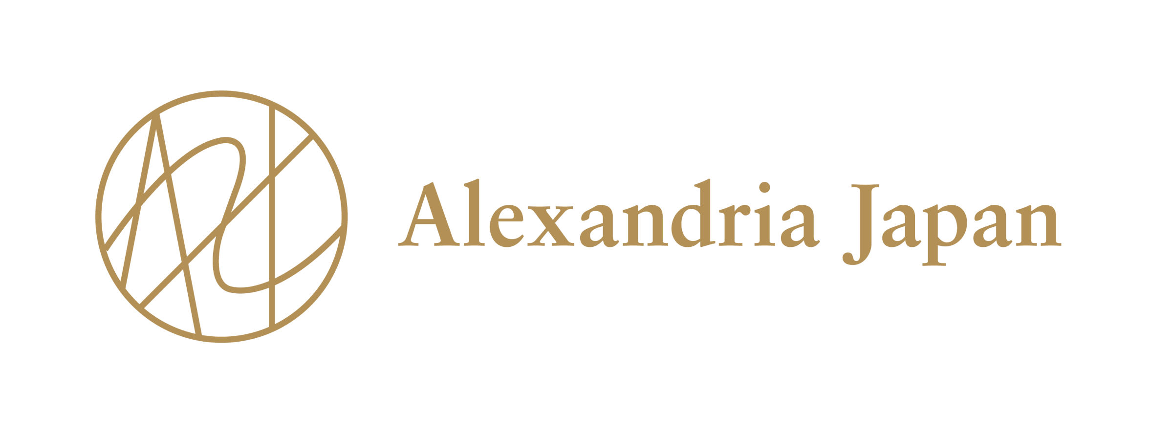 Logo of Alexandria Japan with stylized circular emblem on the left and company name in serif font on the right.