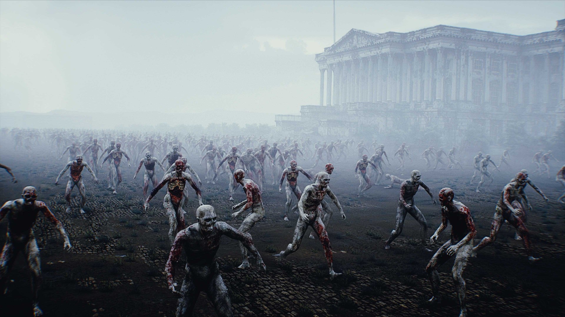 USA, America apocalypse. Zombie walks near Capitol, crowd of zombies