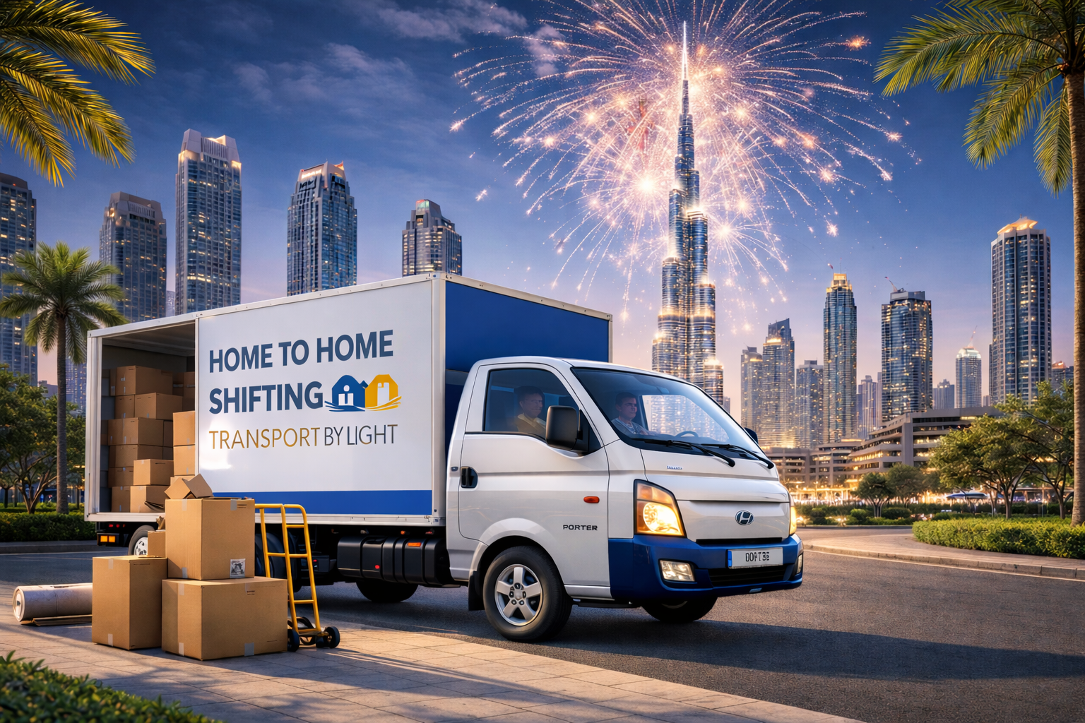 Porter truck and Burj Khalifa at twilight
