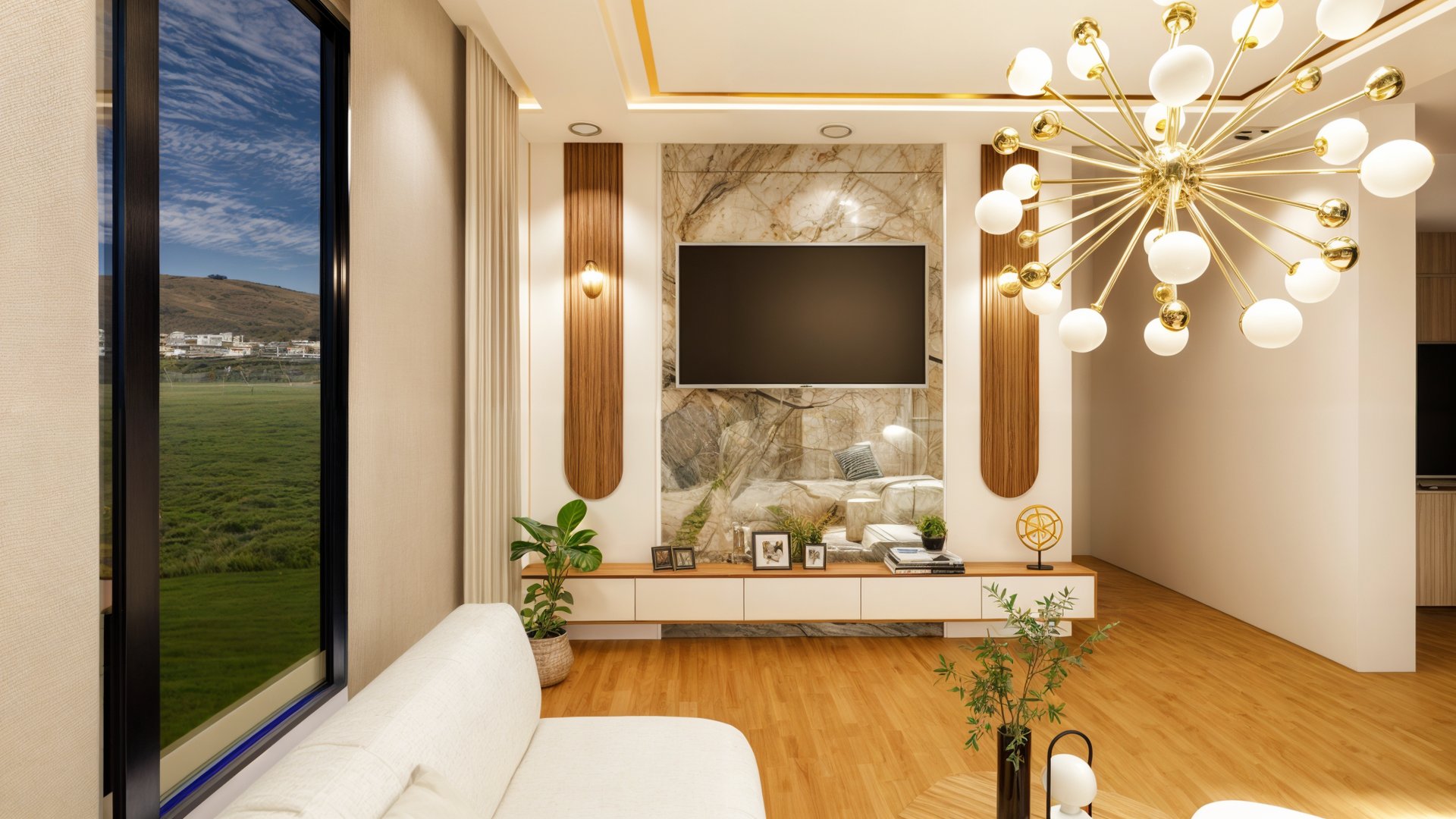 Modern living room with a large window view, marble accent wall, mounted TV, and a contemporary chandelier.
