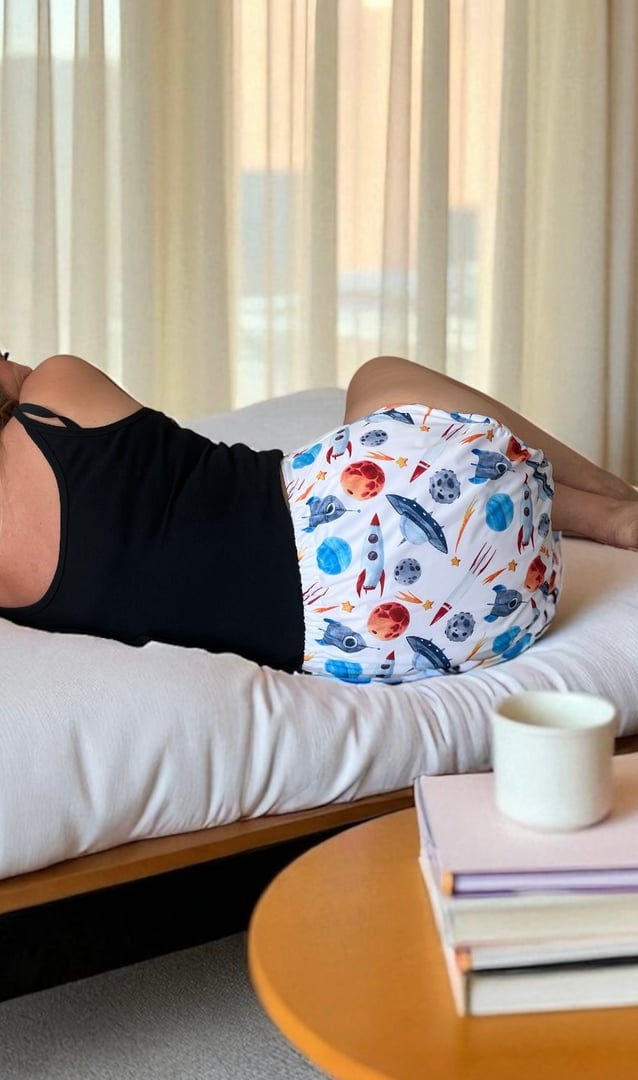 Comfort Haven fitted adult cloth diaper laid flat displaying contoured ergonomic shape with elasticized leg openings triple-layer hemp bamboo absorbent padding and row of adjustable snap fasteners for custom secure fit