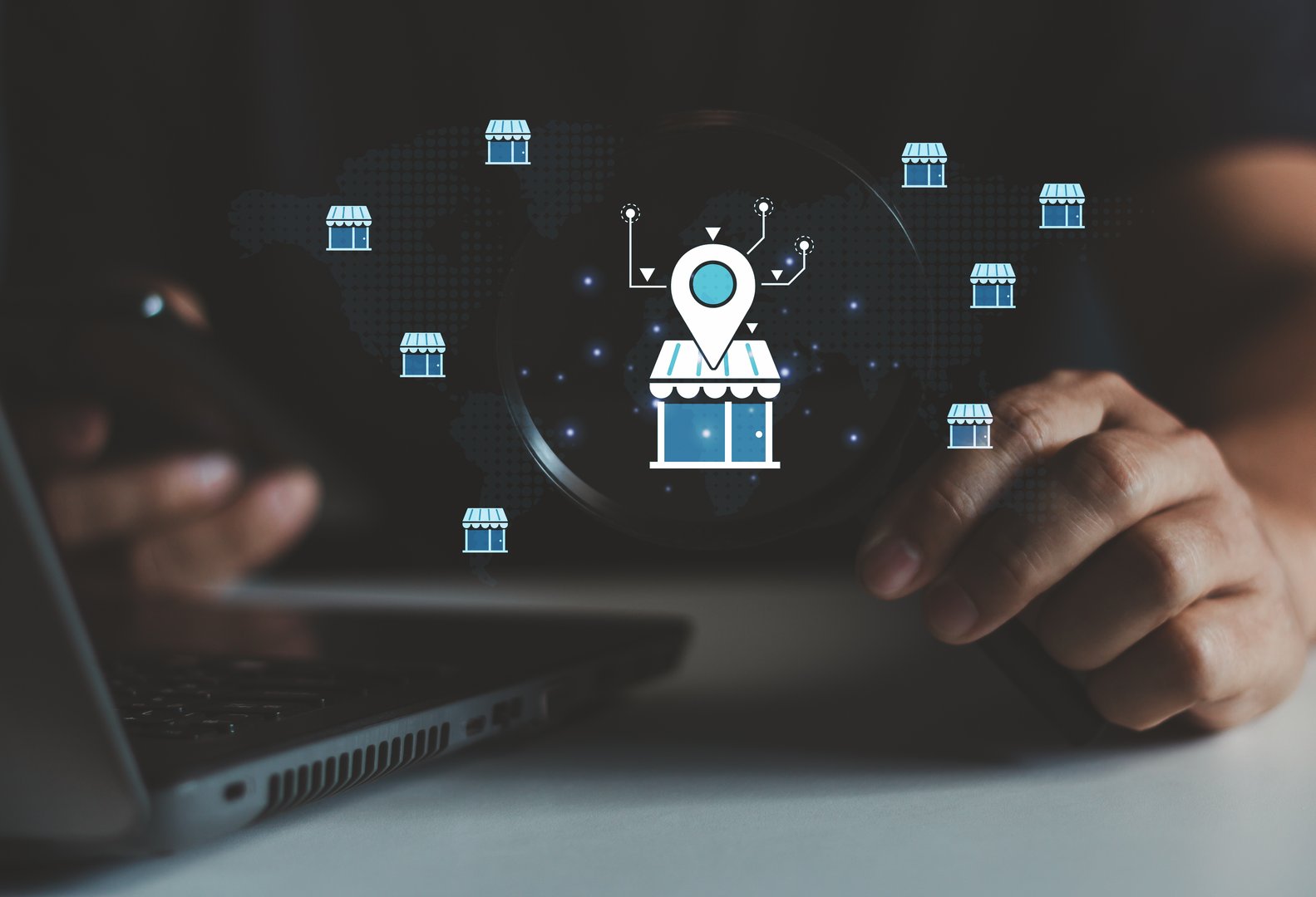 Local marketplace e-commerce concept, local SEO strategy, search optimization, small business retail, digital marketing branch expansion for growth. Businessman use laptop with local marketplace icon.