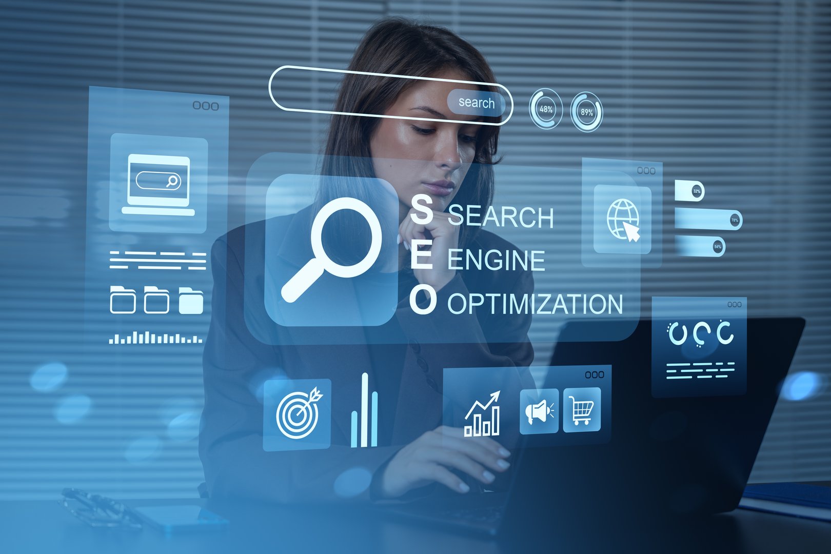 Woman using laptop with digital SEO icons and search interface, holographic style, office background, concept of internet marketing strategy