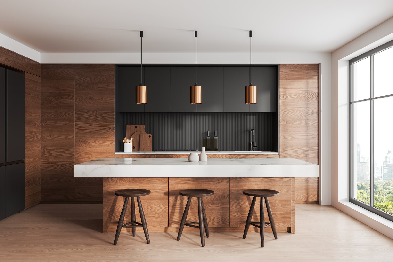 Luxury home kitchen interior with bar island and cabinet with kitchenware, refrigerator on hardwood floor. Eating and cooking space with panoramic window on Bangkok. 3D rendering