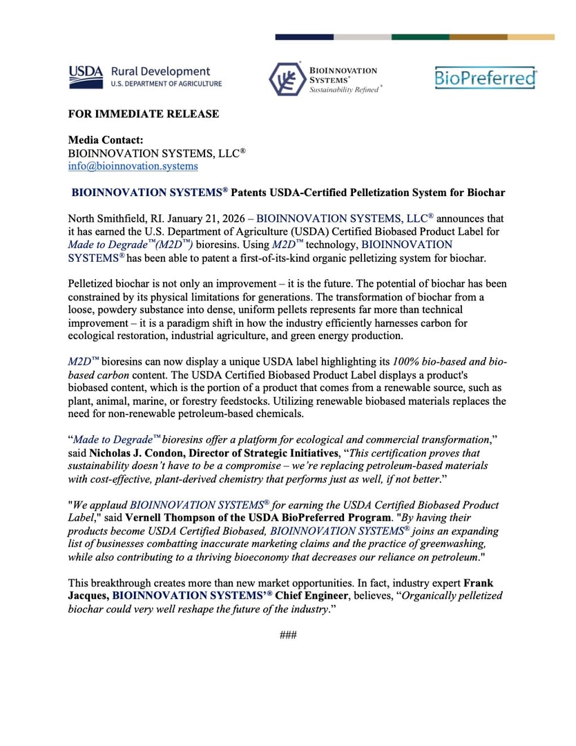 BIOINNOVATION SYSTEMS® Patents USDA-Certified Pelletization System for Biochar Press Release