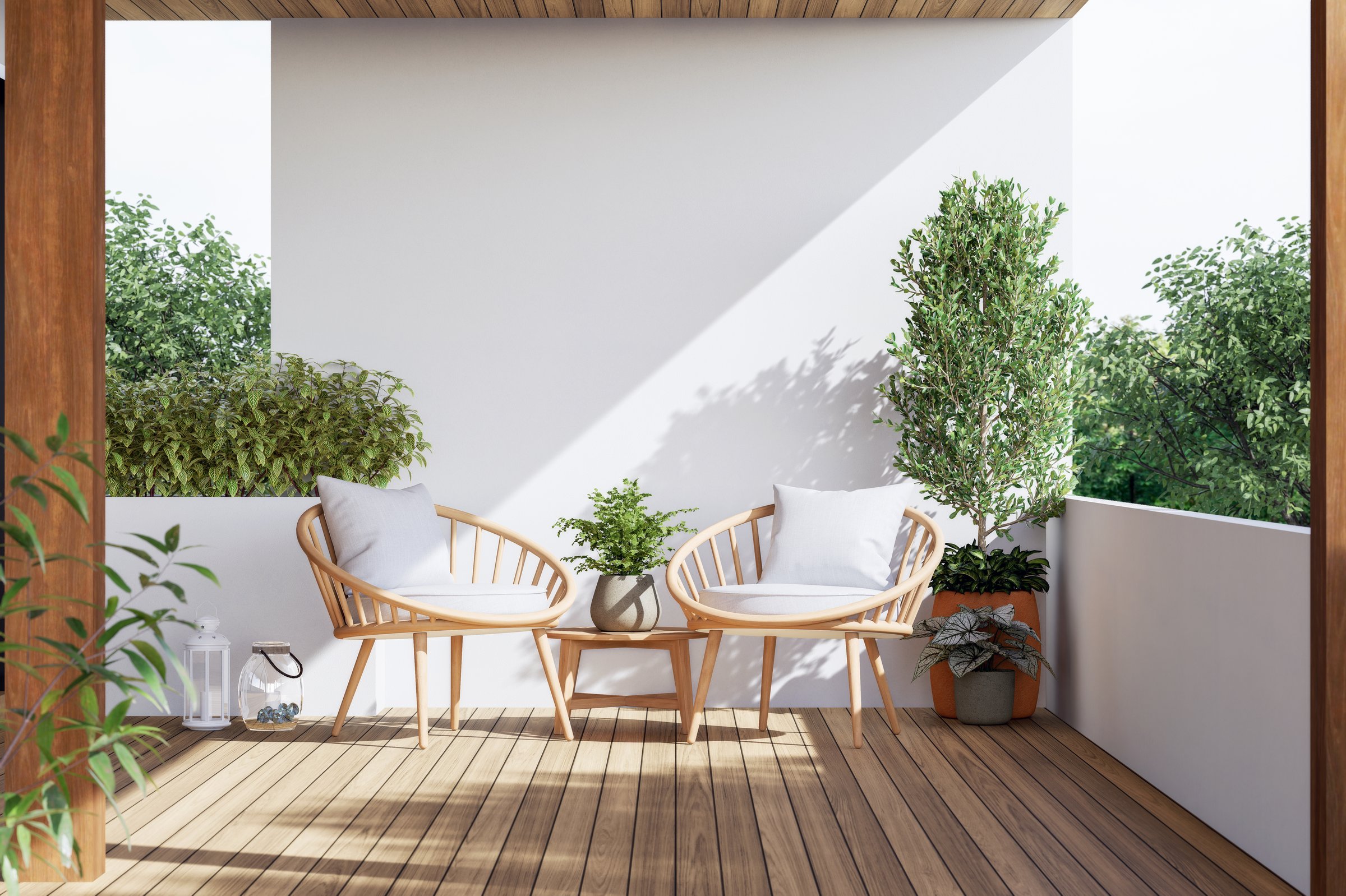 Modern contemporary terrace with nature view 3d render There are plank floor, empty white paint wall decorated with wooden chair and tree pot