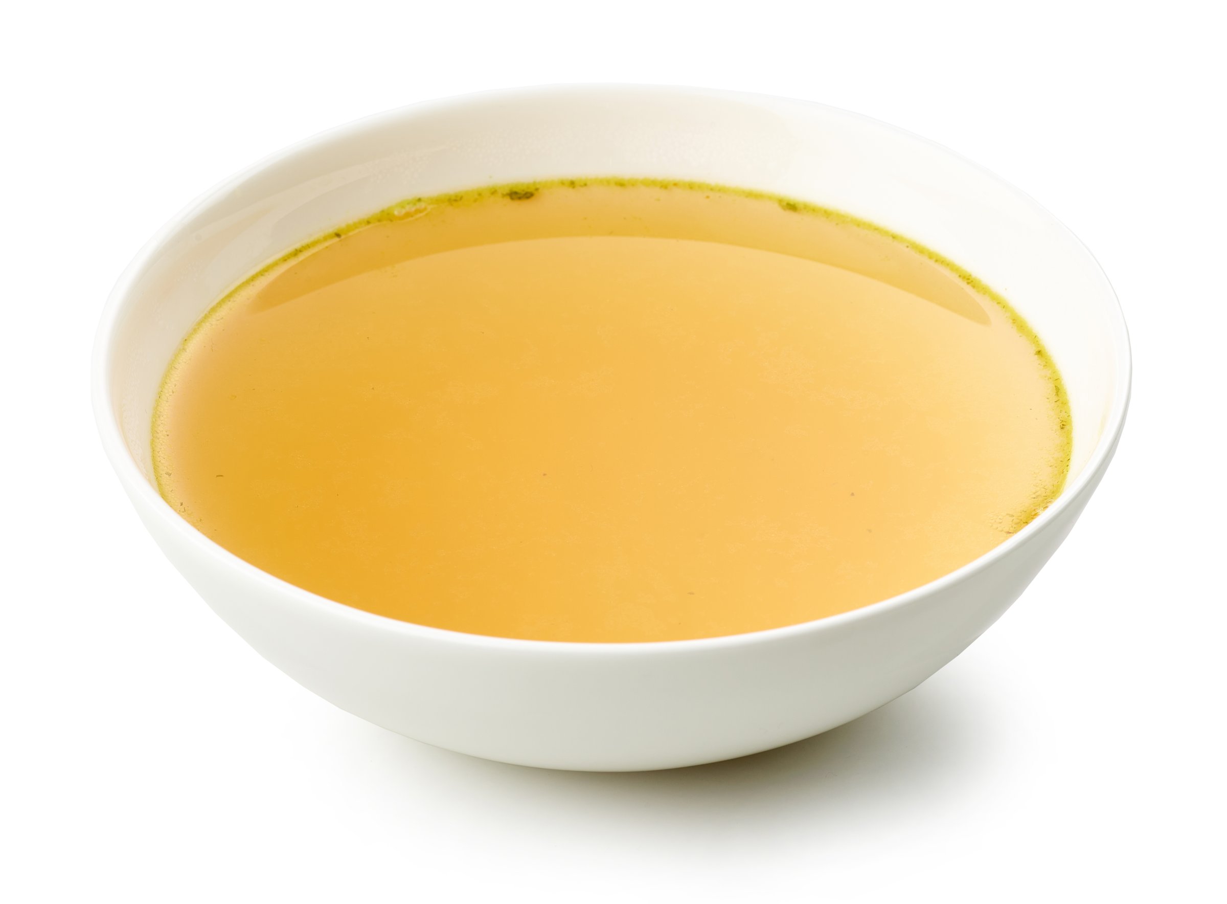 bowl of chicken broth isolated on white background