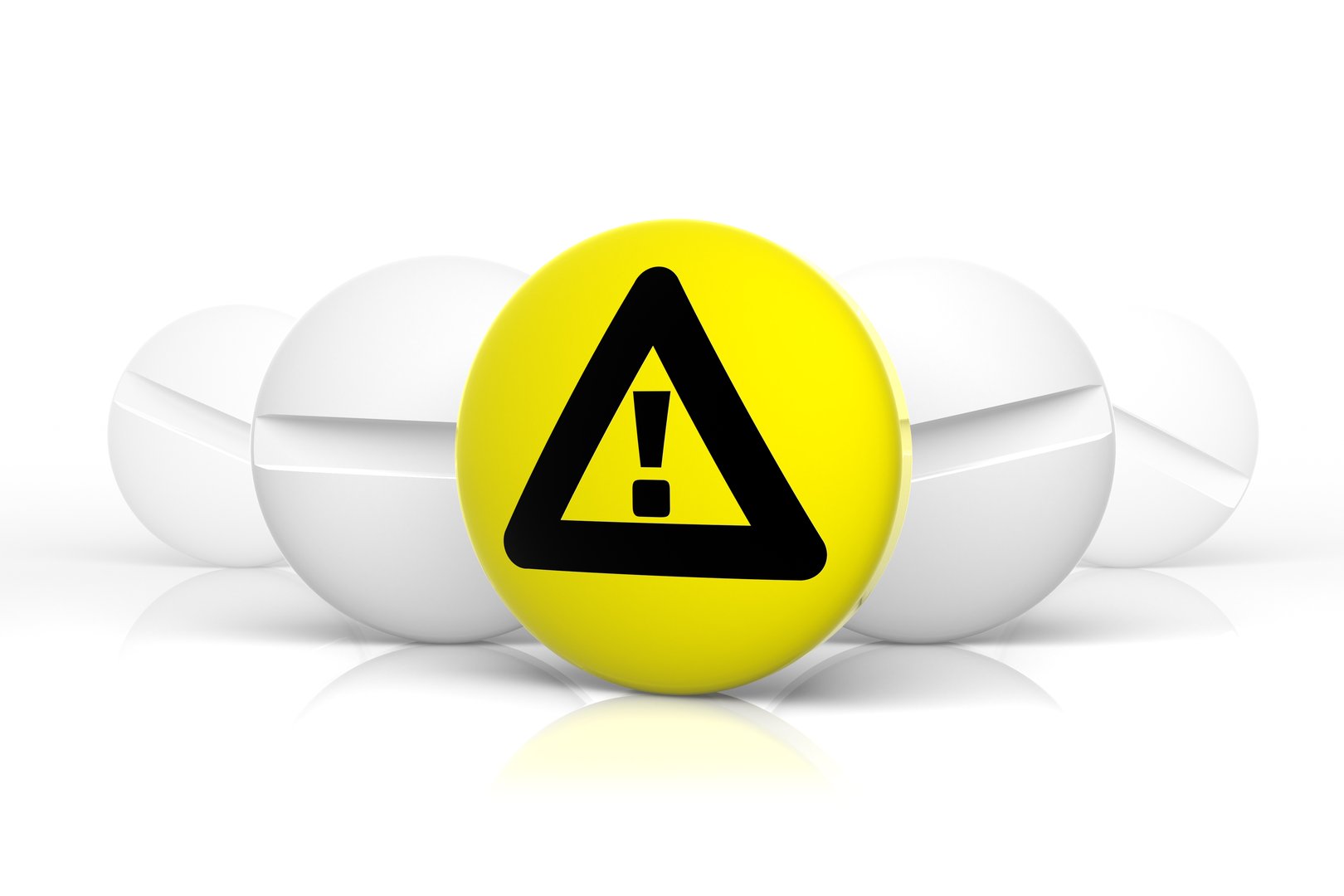 Yellow warning sign with exclamation mark on sphere, surrounded by larger white spheres.