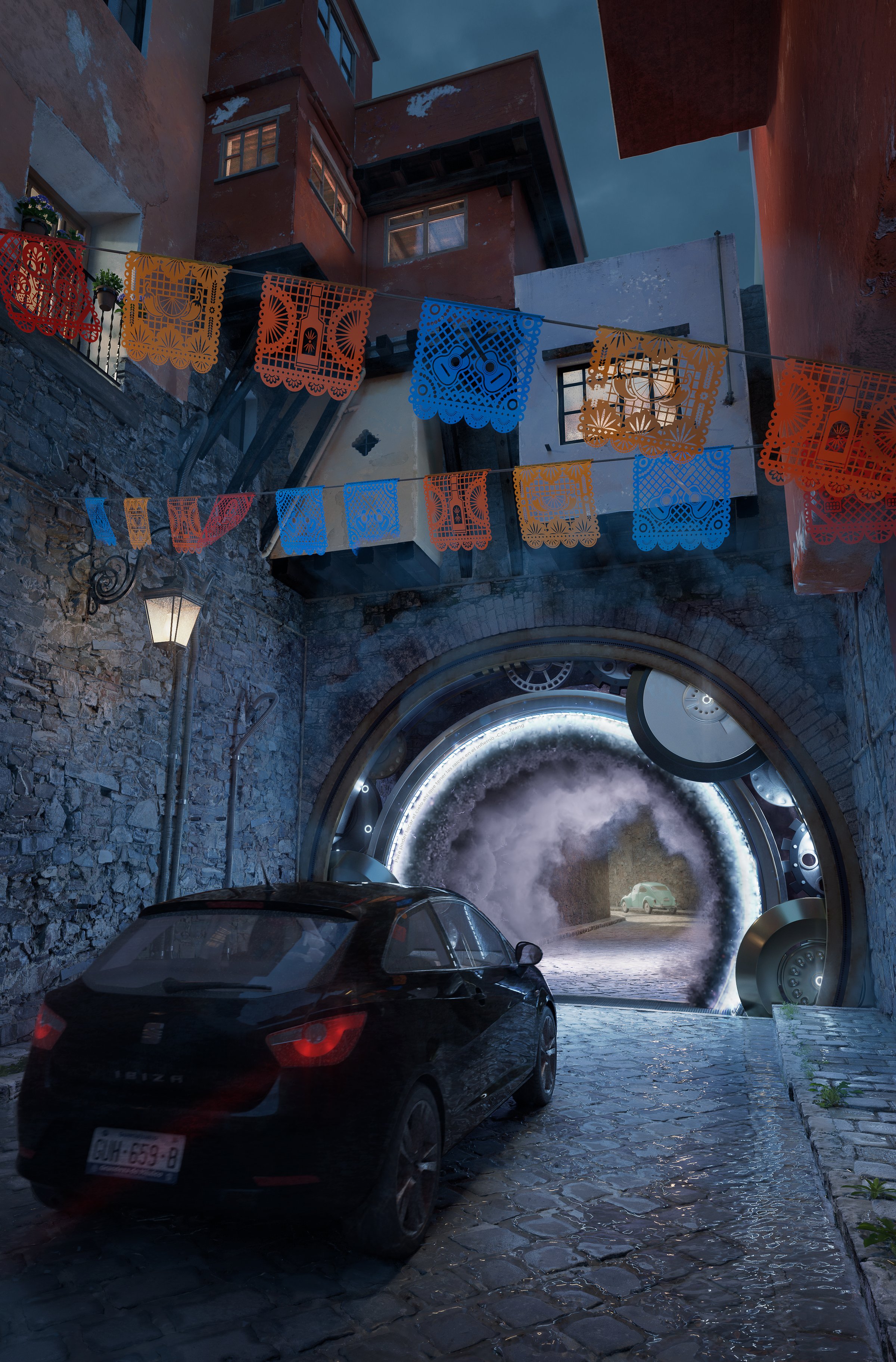 A car enters a cobblestone tunnel with glowing circular lights and colorful paper flags overhead in a nighttime scene.