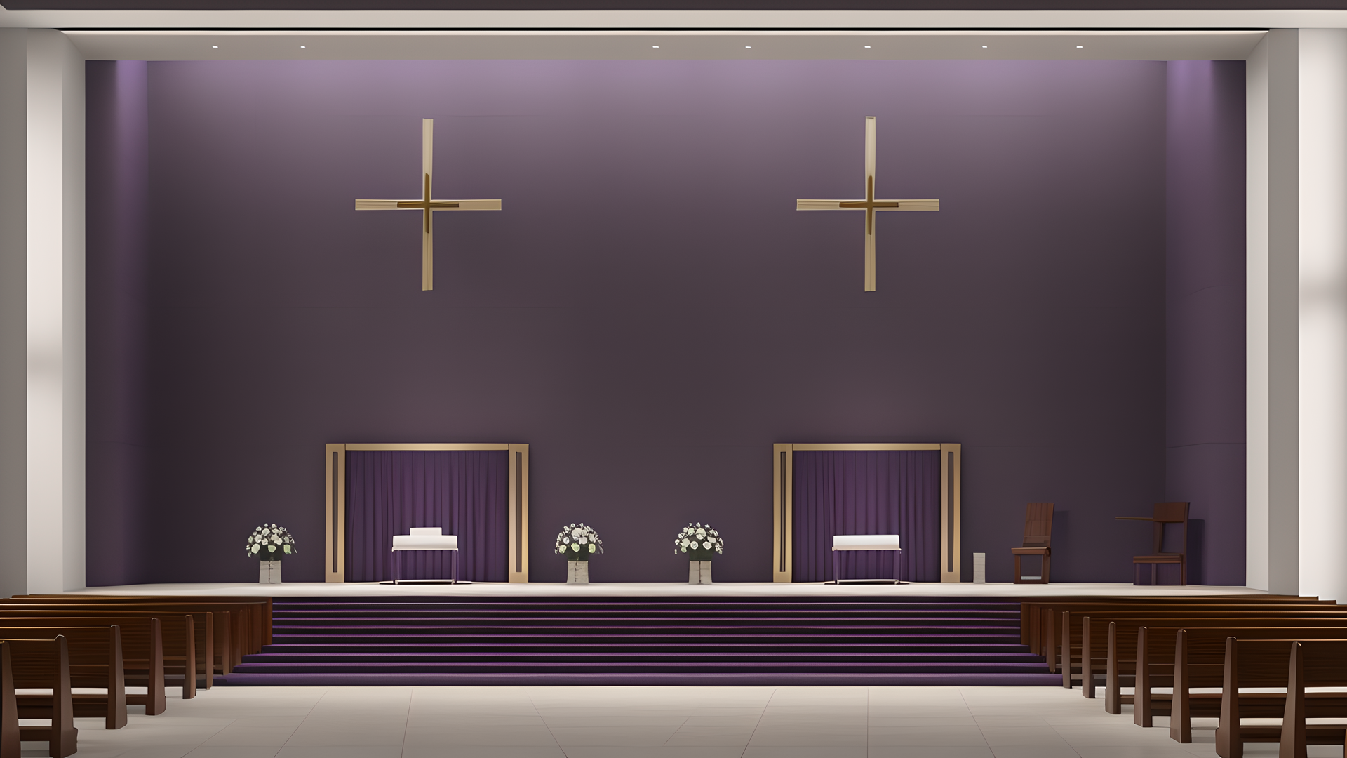 Empty modern church interior with purple walls, two wooden crosses, two altars, floral arrangements, and rows of pews.