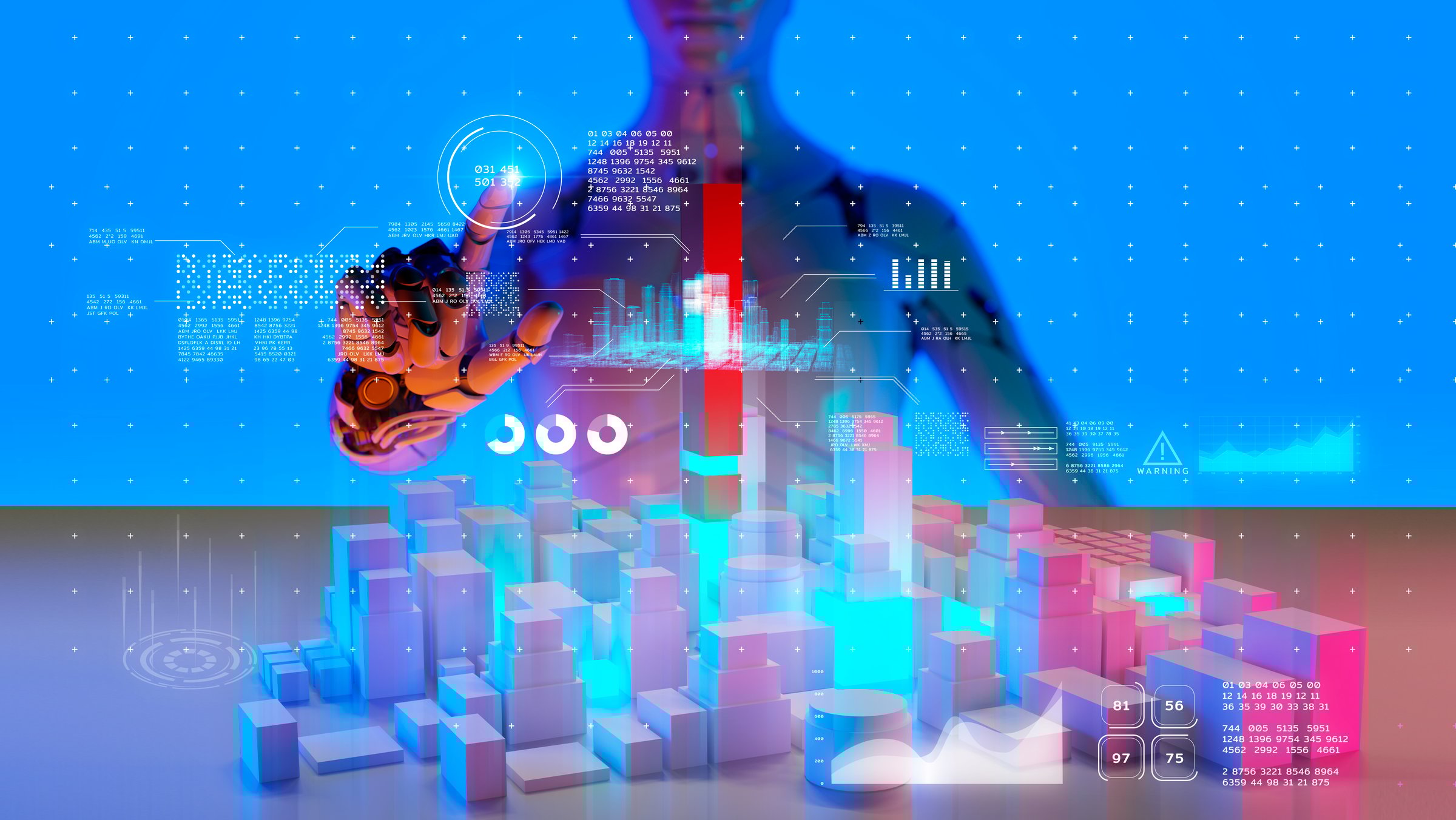 Smart city metaverse Ai artificial intelligence IoT technology future digital world technology, automated 3D robot avatar working with city building model control CO2 emission metaverse cyberspace