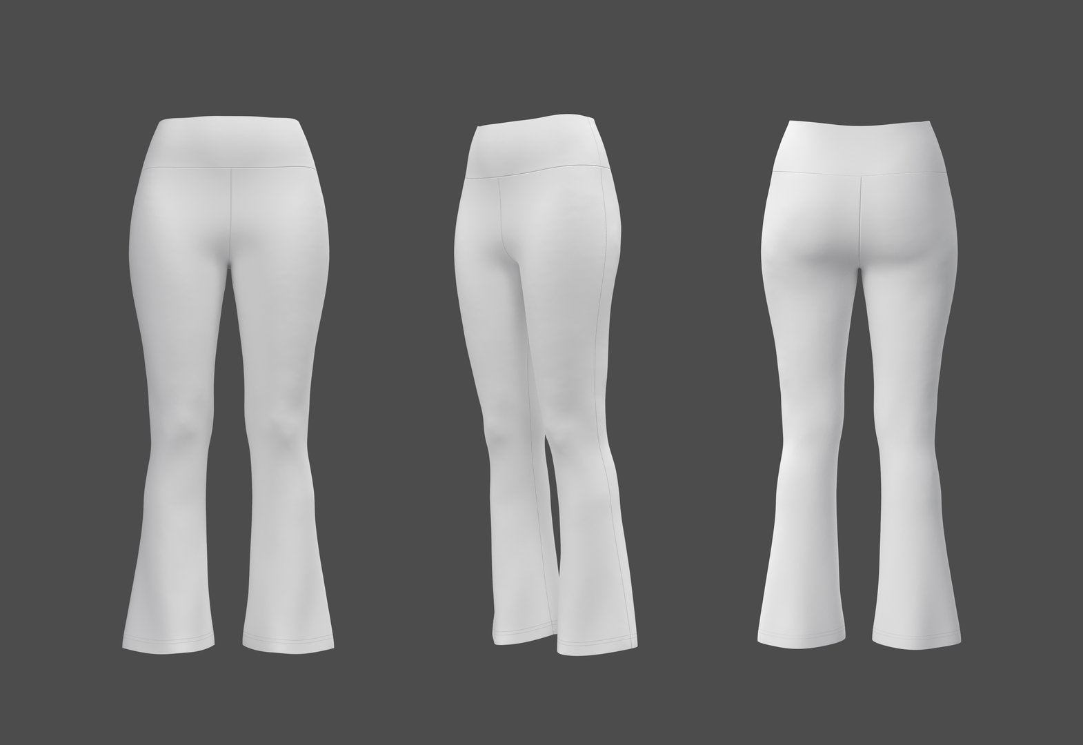 A realistic pair of women's high-waist flare leggings designed for gym workouts, fitness training, yoga, pilates, and other sports activities. These long pants feature a tight, supportive fit with a flared silhouette. Ideal for activewear branding, apparel catalog visuals, fashion design presentations, and mockup templates for sportswear collections.