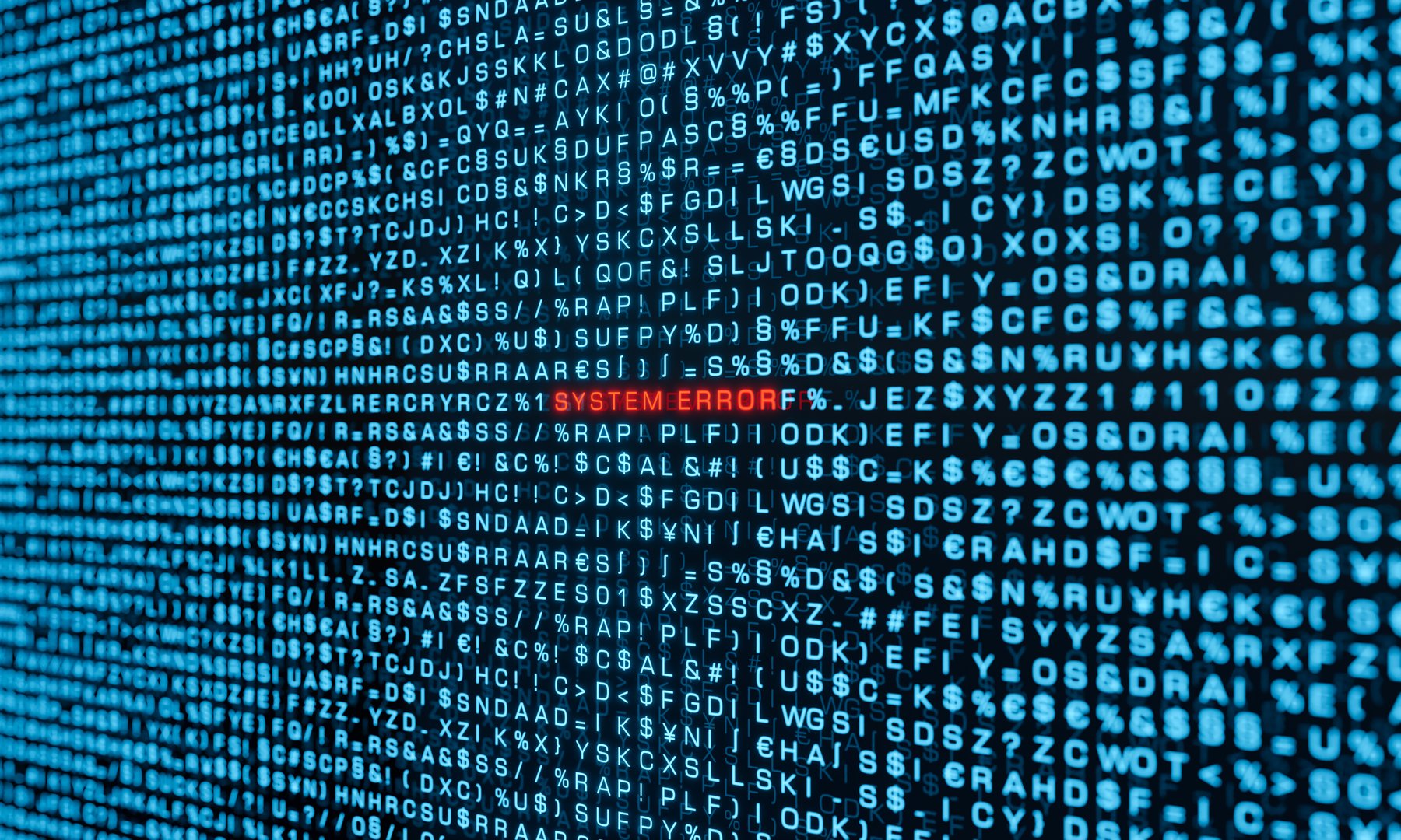 System error, computer warning sign. Random letters, signs, computer code, bits and bytes. System message, malfunction, network security, failure, computer problems. 3D illustration