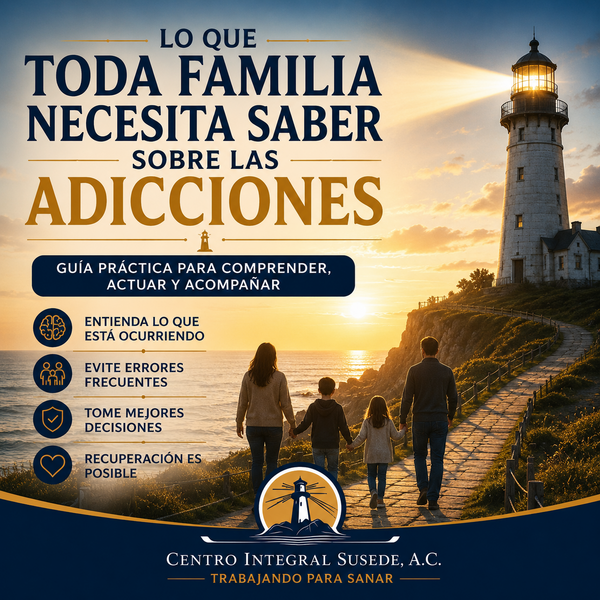 Educational poster in Spanish about family guide on addictions, featuring a family walking toward a lighthouse at sunset with key topics listed.