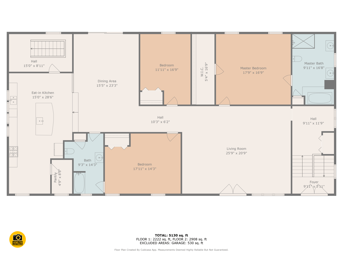 Floor plan of a house with three bedrooms, two bathrooms, kitchen, dining area, living room, and garage space.