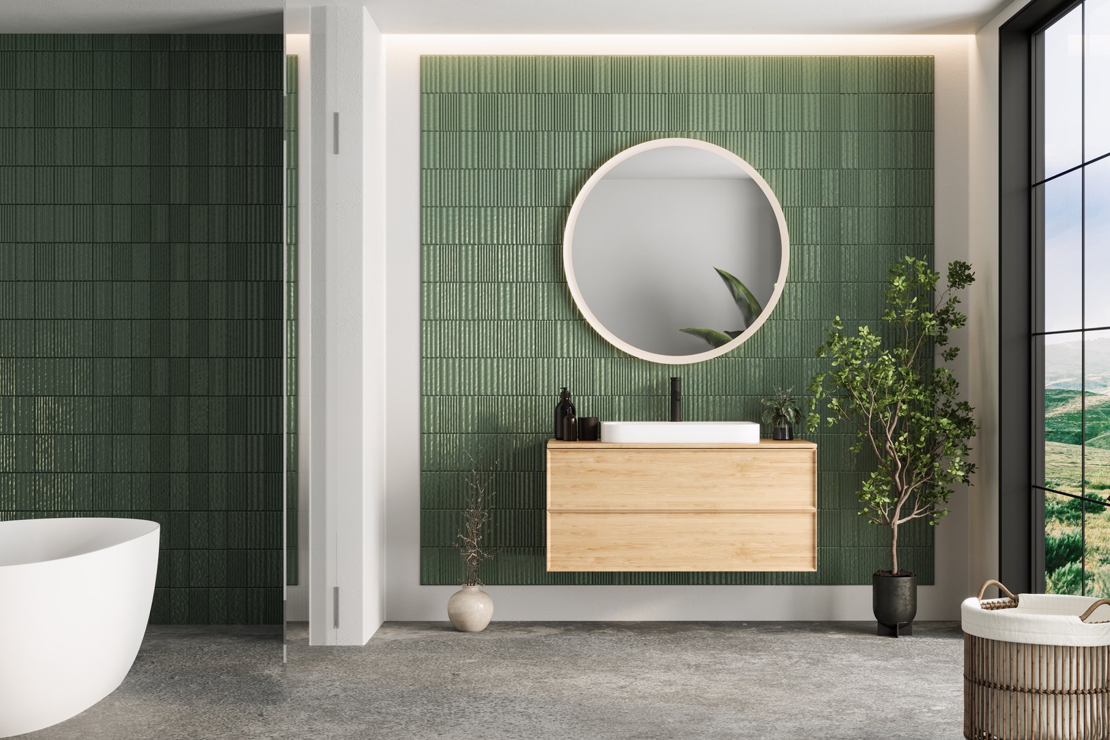 Minimalist bathroom with wooden details