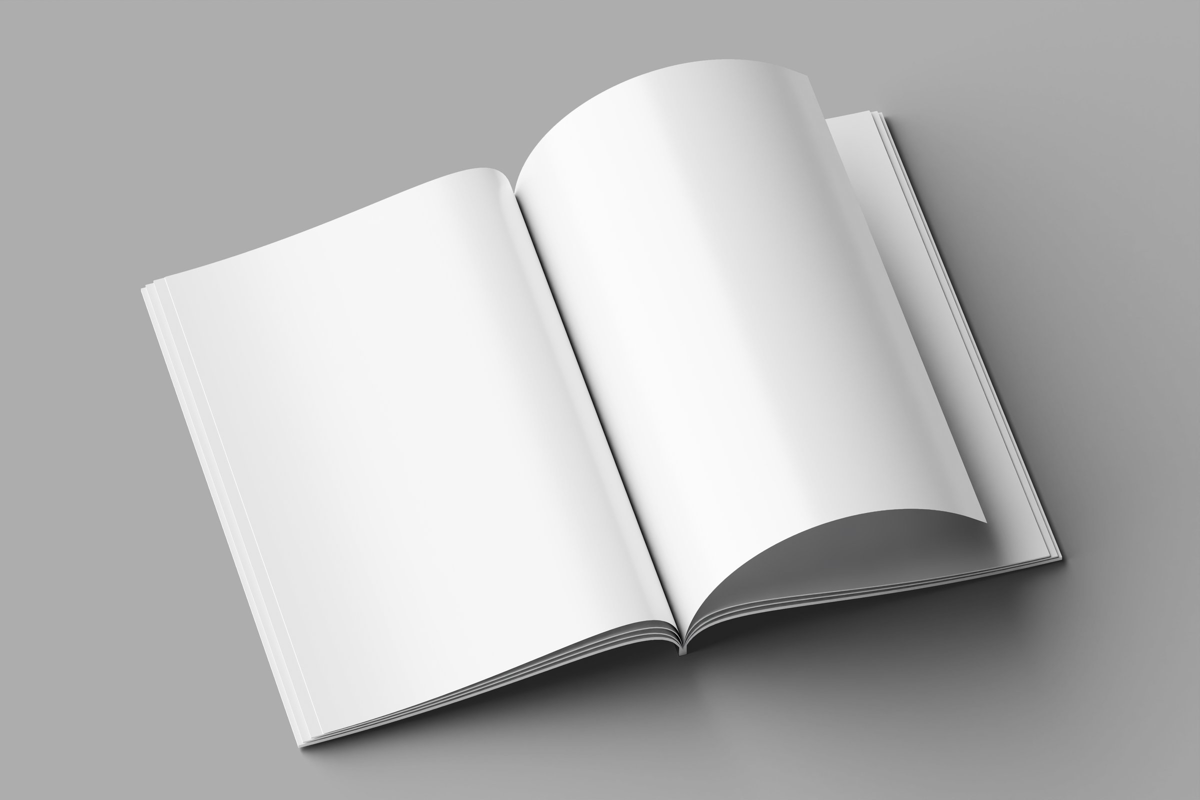magazine mockup with blank white pages or cover on a neutral gray background, perfect for showcasing editorial designs, layouts, or print content.