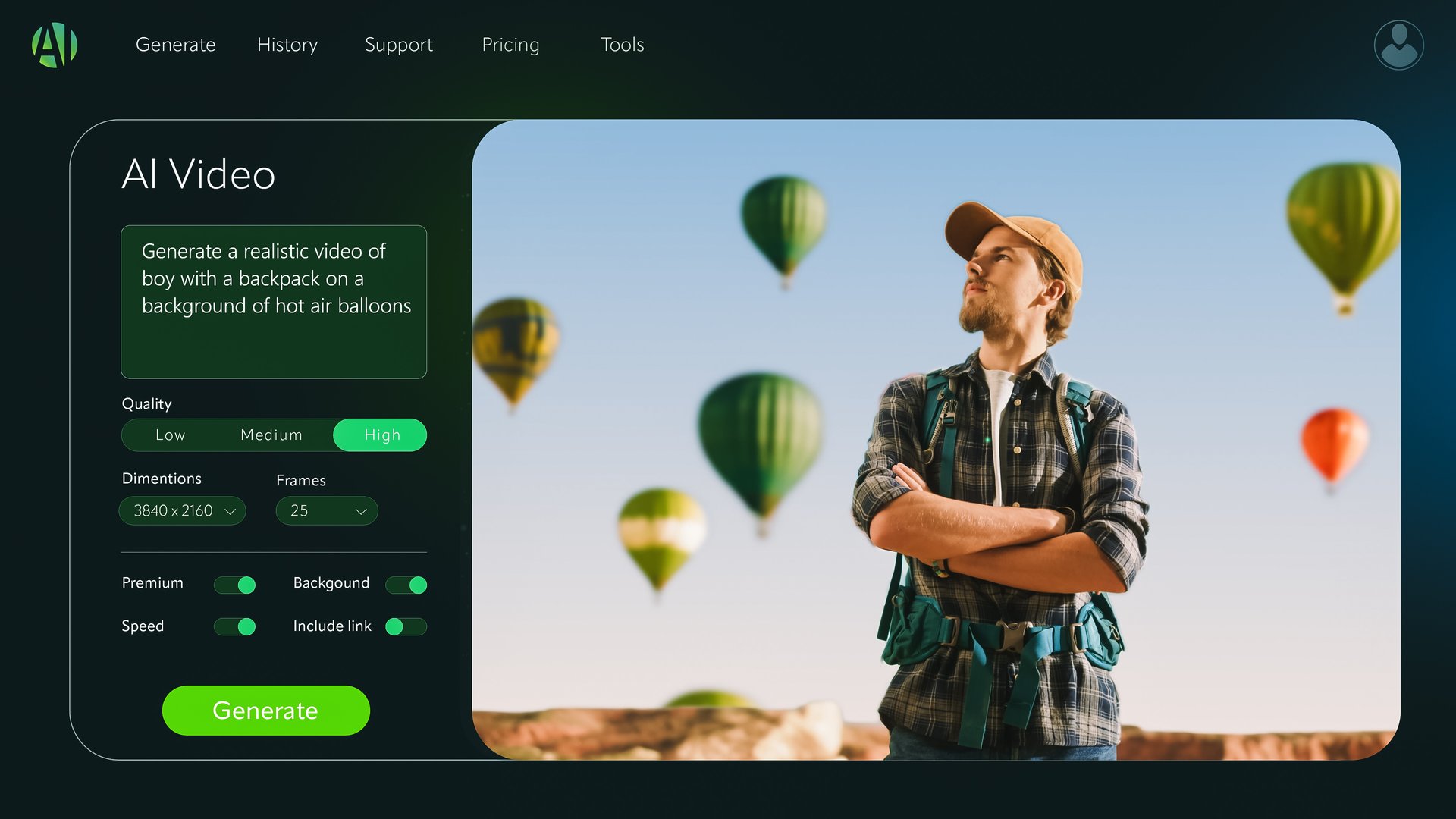 Concept of AI Chatbot Interface Generated from Prompt a Detailed of a Young Man Travelling Set Against a Scenic Background of Hot Air Balloons. AI-Generated Video Creation With Glitches in the Result