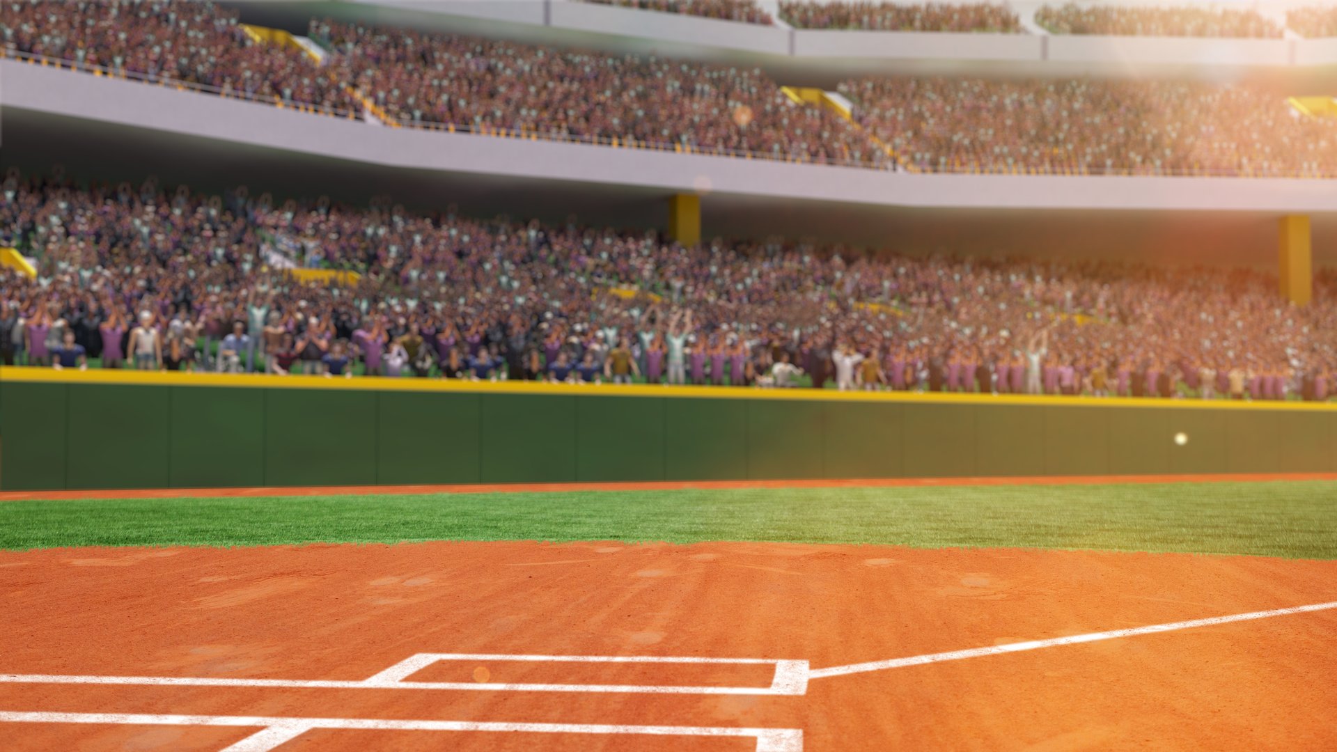 Filled tribune of sport fans. 3D render of baseball open air arena, stadium. Daytime game. Concept of professional sport, competition, championship, game
