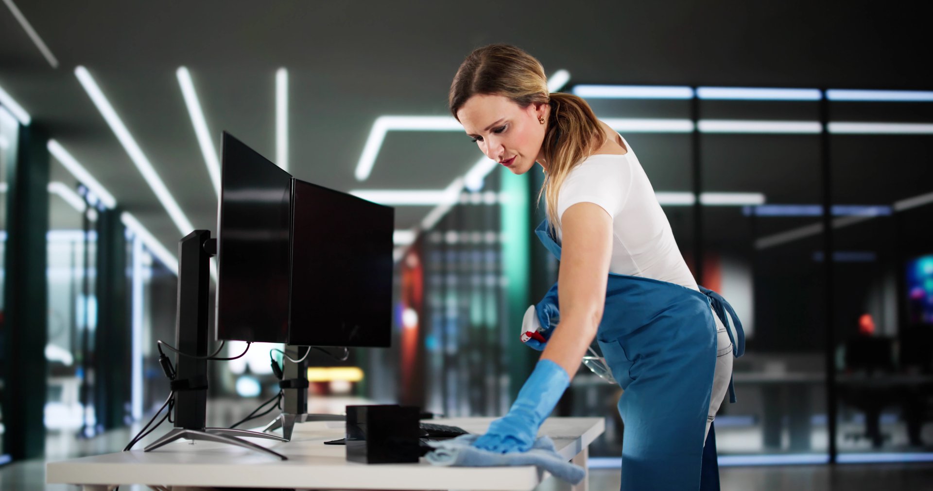 Smiling Janitor Maintaining Cleanliness In Busy Corporate Office Environment