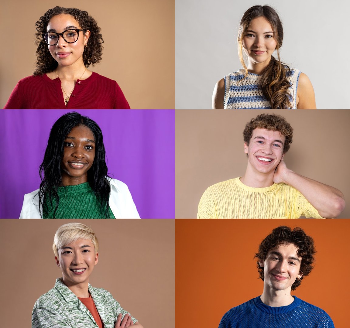 Composite image of six young adults, male and female. They are all wearing casual clothing, looking at the camera with positive expressions, against a variety of different coloured studio backgrounds.