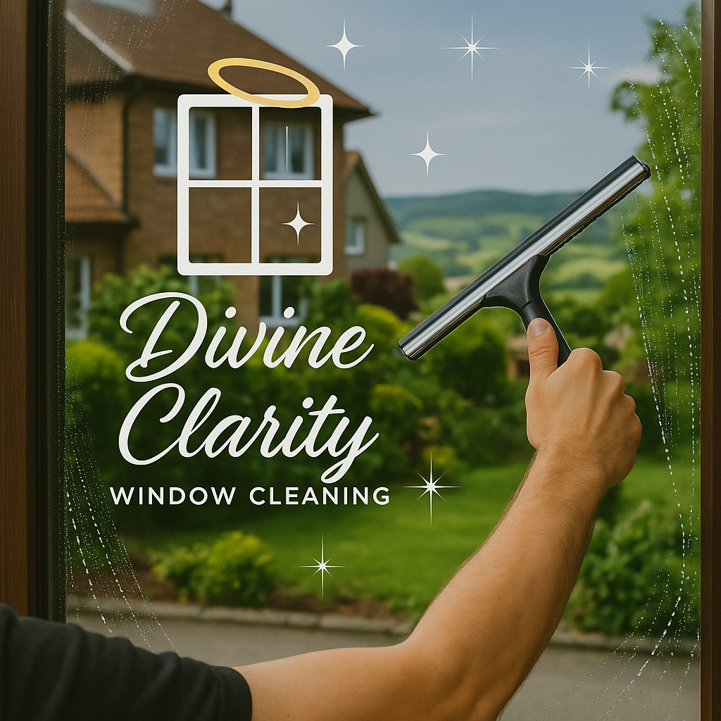 Hand using squeegee on clean window, "Divine Clarity Window Cleaning" text with icon of haloed window, scenic view outside.