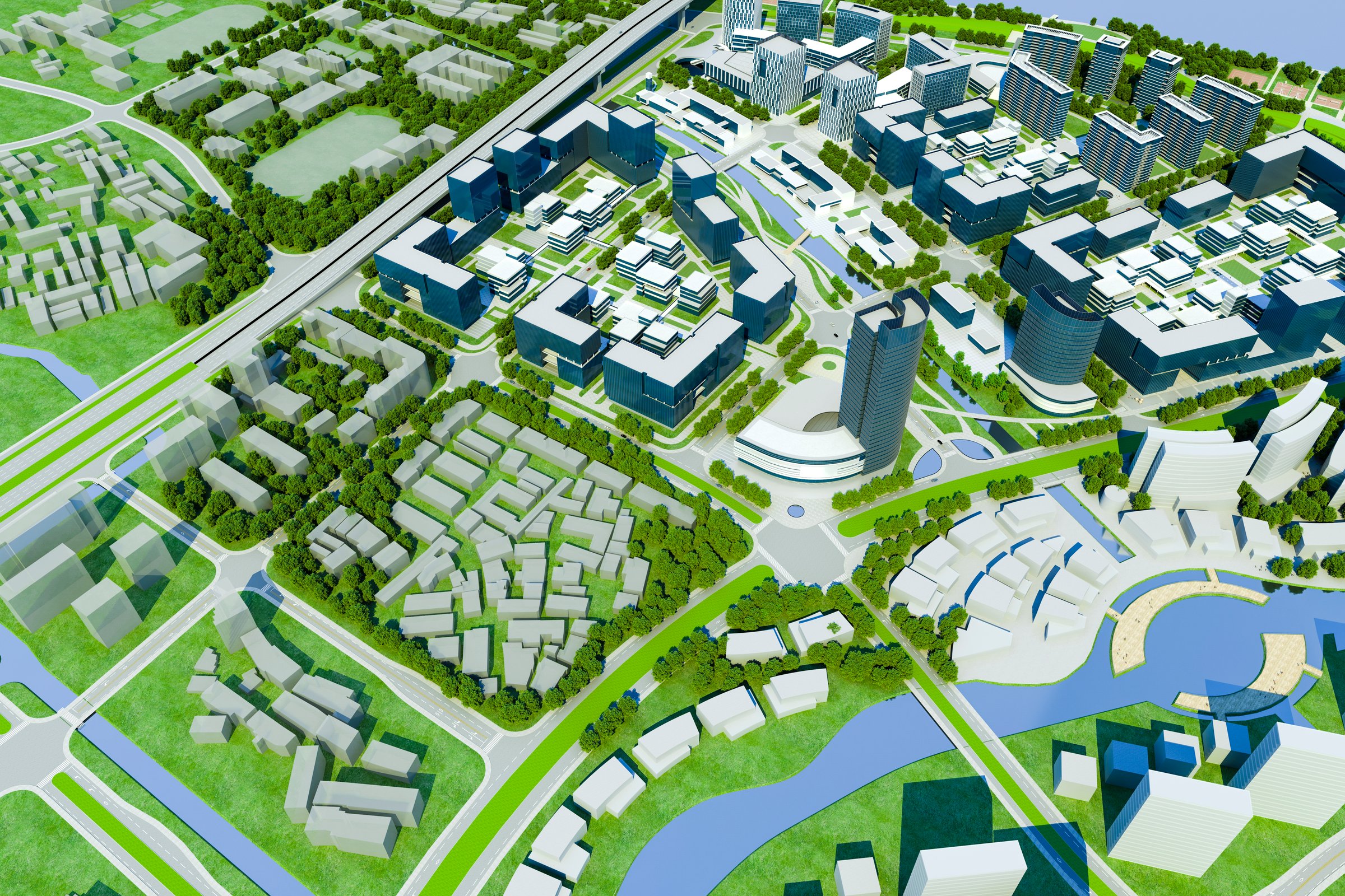 3d render of modern city, aerial view
