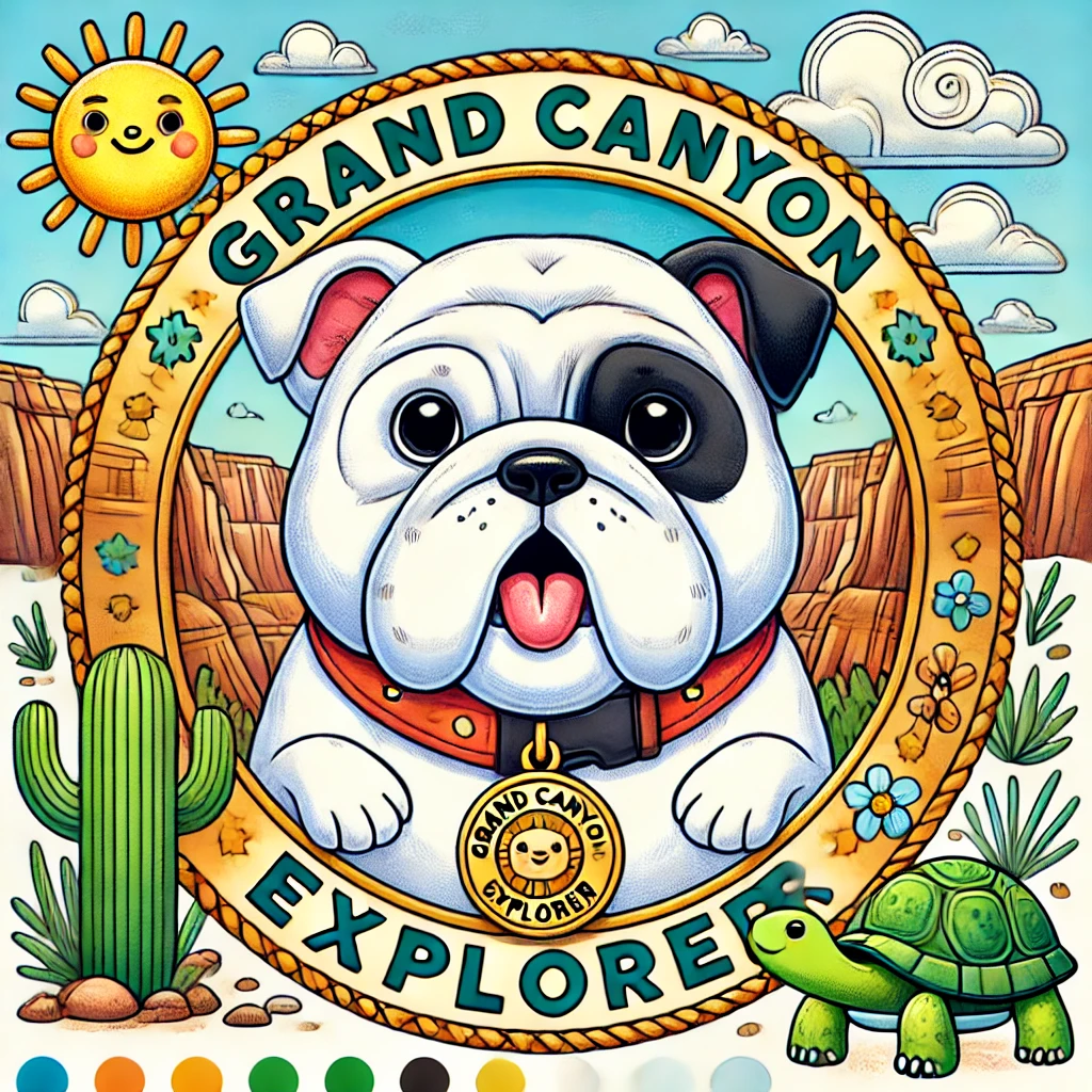 Cartoon bulldog with Grand Canyon Explorers badge, surrounded by sun, cactus, and tortoise, in a colorful desert scene.