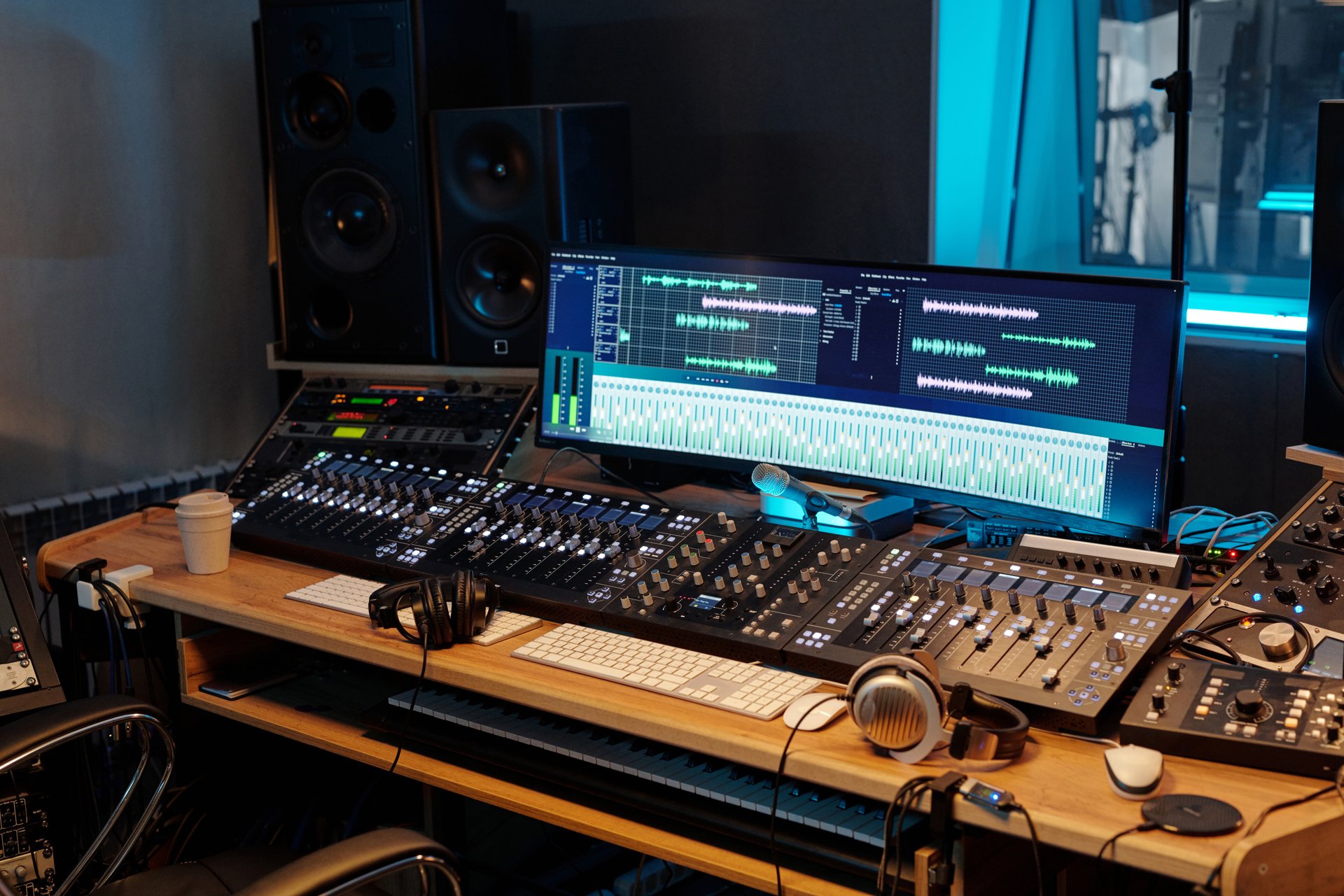 View of professional recording studio with various audio mixing consoles, headphones, and computer screens displaying audio tracks, blue accent lighting illuminating studio space