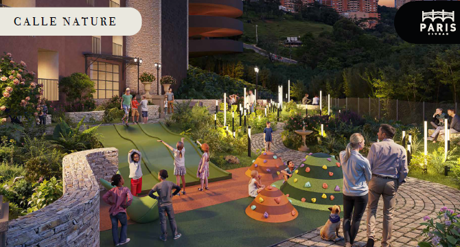 Children play on a colorful playground with climbing structures, surrounded by adults and greenery, at Paris studio's Calle Nature.