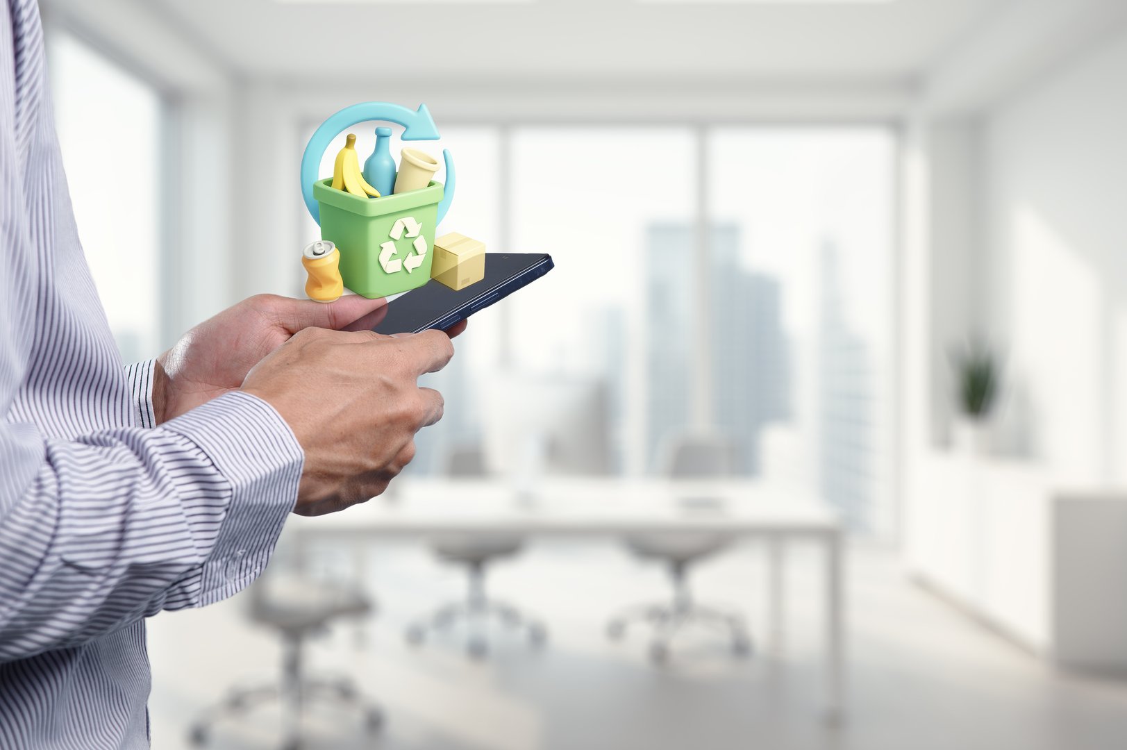 A professional man interacts with a smartphone displaying a recycling concept in a sleek office. This image highlights the blend of technology and eco-consciousness.