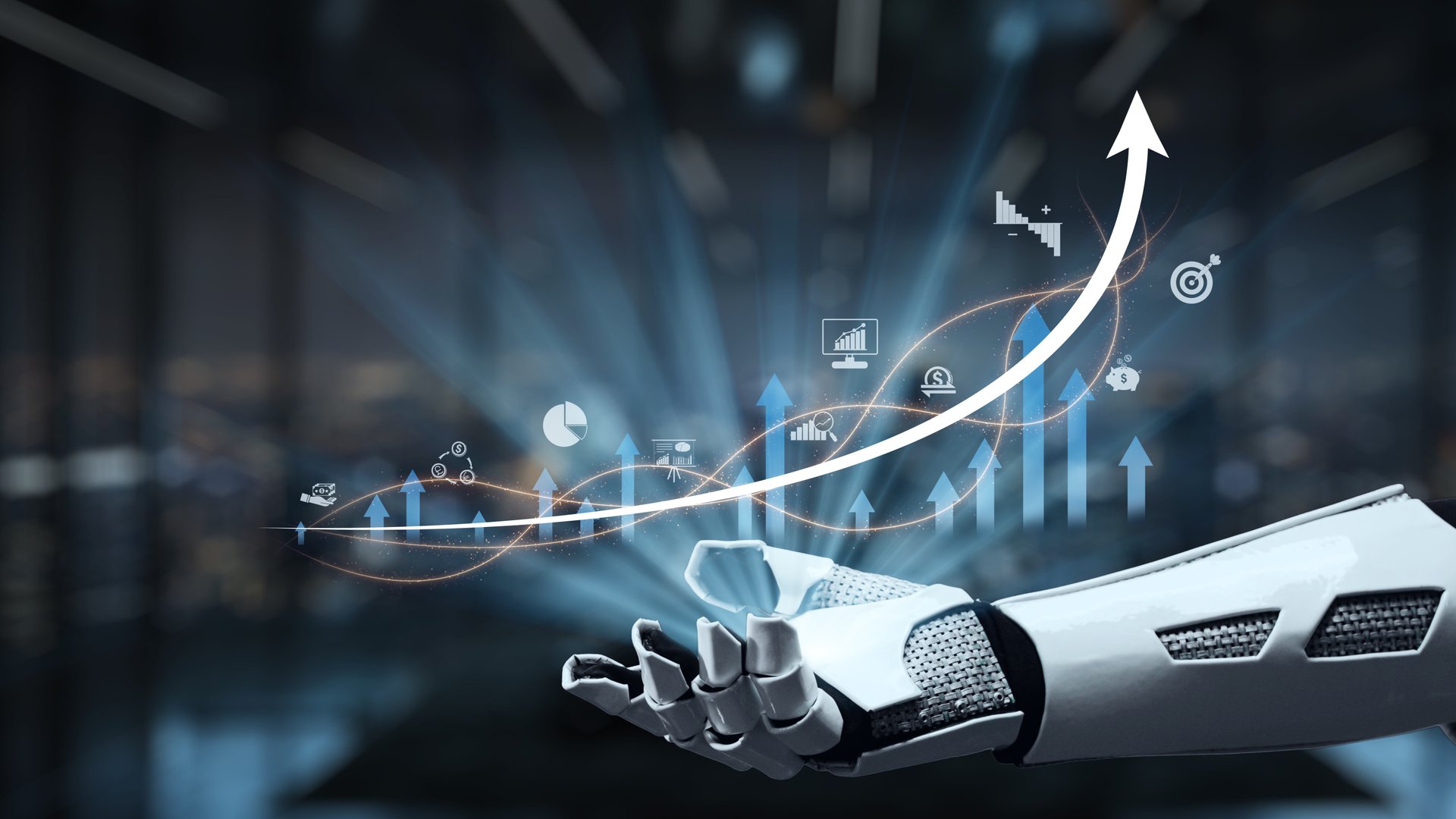 A futuristic robotic hand reaches out, showcasing a dynamic array of data visualization elements representing growth and innovation in technology and analytics. Auvana