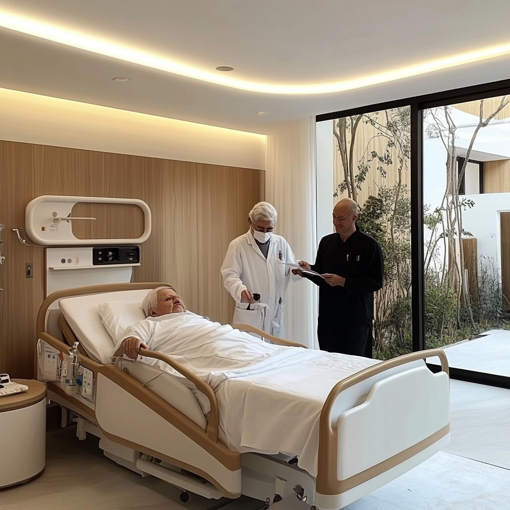 Patient in hospital bed with two medical professionals, one wearing a mask, in a modern room with large windows.
