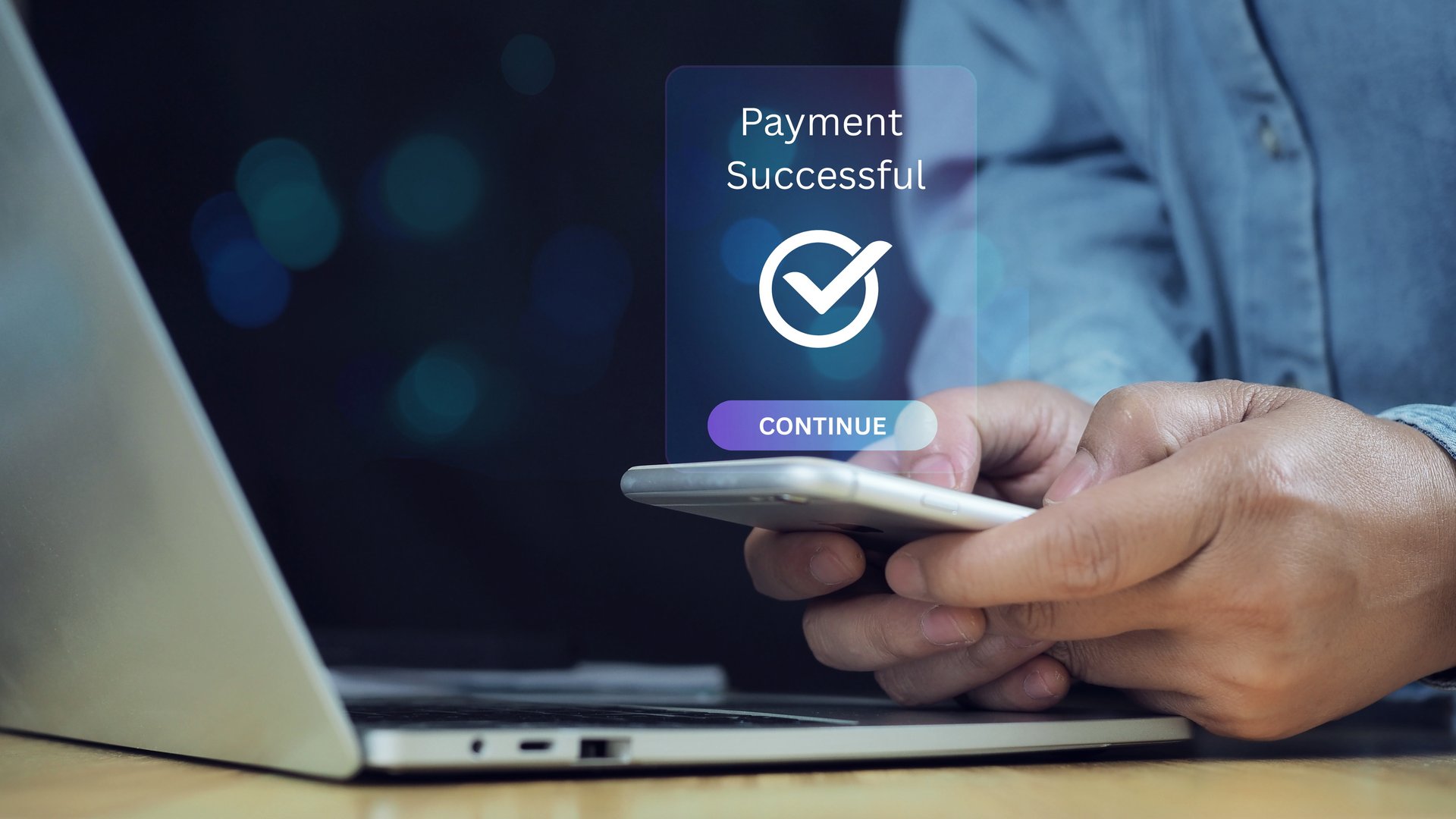 Secure online payment, Digital banking, Payment successful, Fintech solutions for seamless transactions and data protection, Online banking, Businessman authorizes an online payment via smartphone.